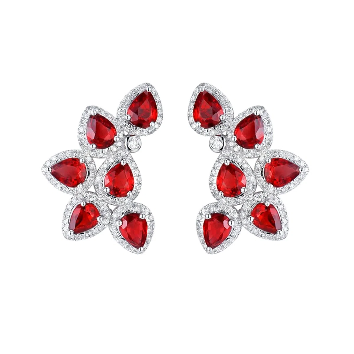 Pendientes Oro Blanco de 9 K / 14 K / 18 Kilates Mujer, Gota de Agua con Rubí Creado y Diamante, Pendientes de Mujer Plata Rojo