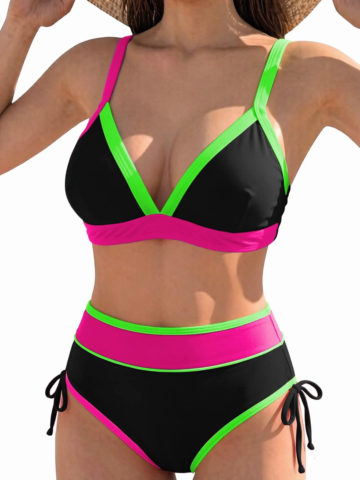 JFAN Traje de baño de mujer de dos piezas sexy Push up Cuello en V Talle Alto Bikini de conjunto Bloques de Color