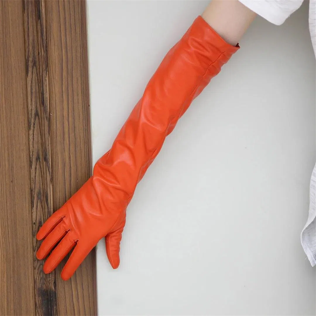 Guantes largos de piel auténtica naranja para mujer, de piel de oveja, por encima del codo, talla personalizada, cálidos, estilo ópera de invierno