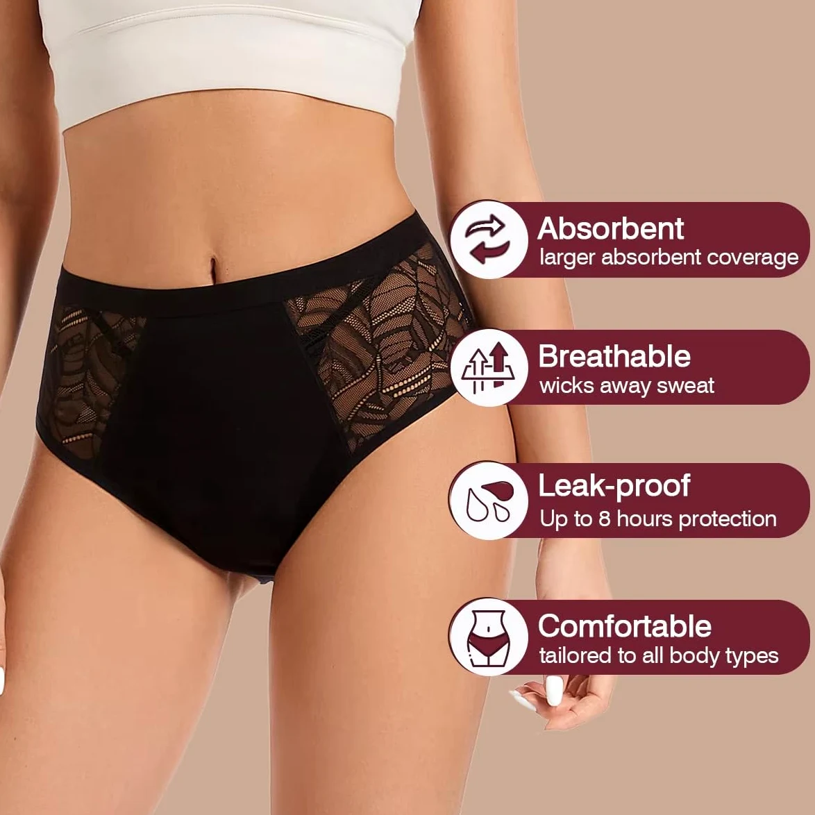 Braguitas Menstruales para Mujer de Encaje para Posparto Con Flujo Abundante Absorbentes A Prueba de Fugas de Algodón Transpirables Suaves Color Naranja Azul y Negro Talla L