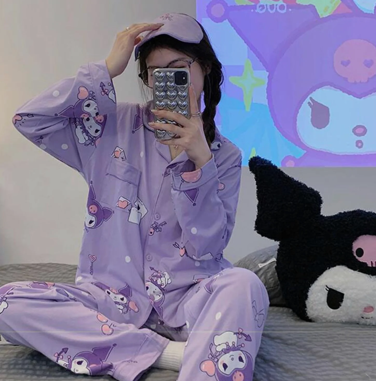 Kawaii Cartoon Pijama Mujer Niña Camiseta de Manga Larga y Pantalón Largo Conjunto 2 Piezas Ropa de Domir para Primavera Verano Morado/1 M