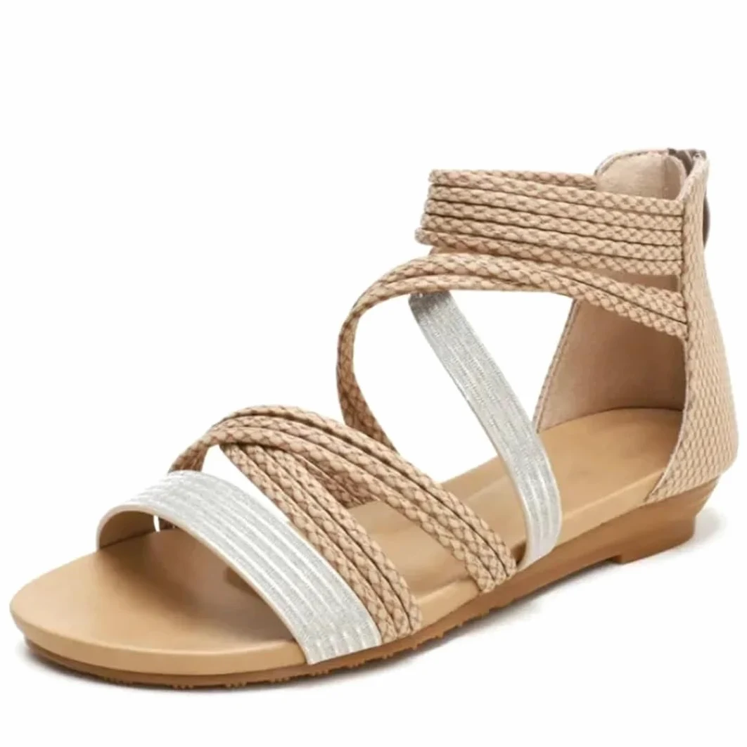 Sandalias de gladiador con cremallera en la espalda y tacón de cuña para mujer, con parte superior de poliuretano, estilo bohemio, para verano