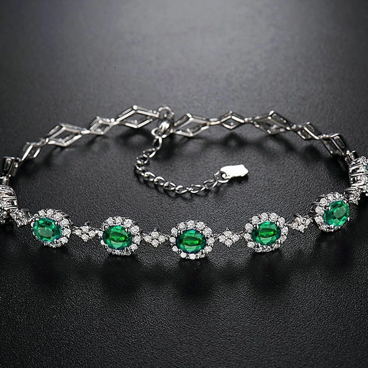 Pulseras de Mujer de Oro Blanco 9Kilates / 14Kilates / 18Kilates, Oval con Esmeralda de 2,4 ct y Diamante de 0,81 ct, Cadena Extensible 16 CM + 5 CM, Pulsera Mujer Ajustable Plata Verde