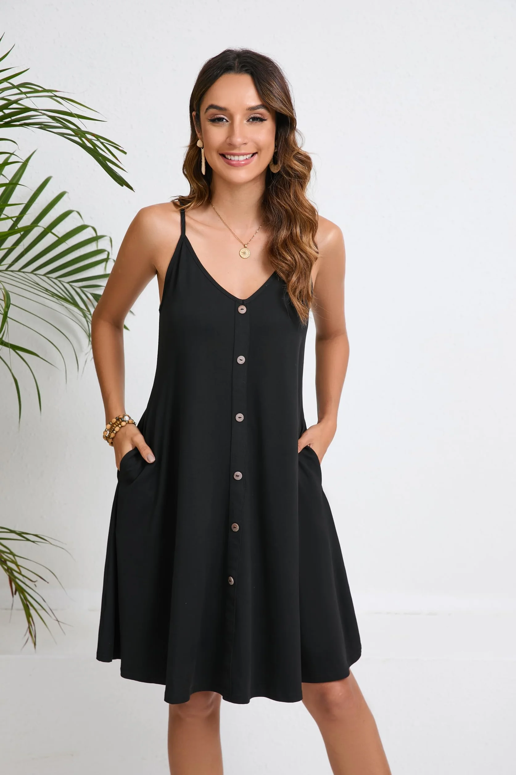 Enmain Mujer Vestidos Verano Floral Sin Mangas Vestido de Playa hasta la Rodilla Casual Cuello en V Tirantes de Espagueti Vestidos con Bolsillos para Fiesta Hawai Vacaciones S-2XL