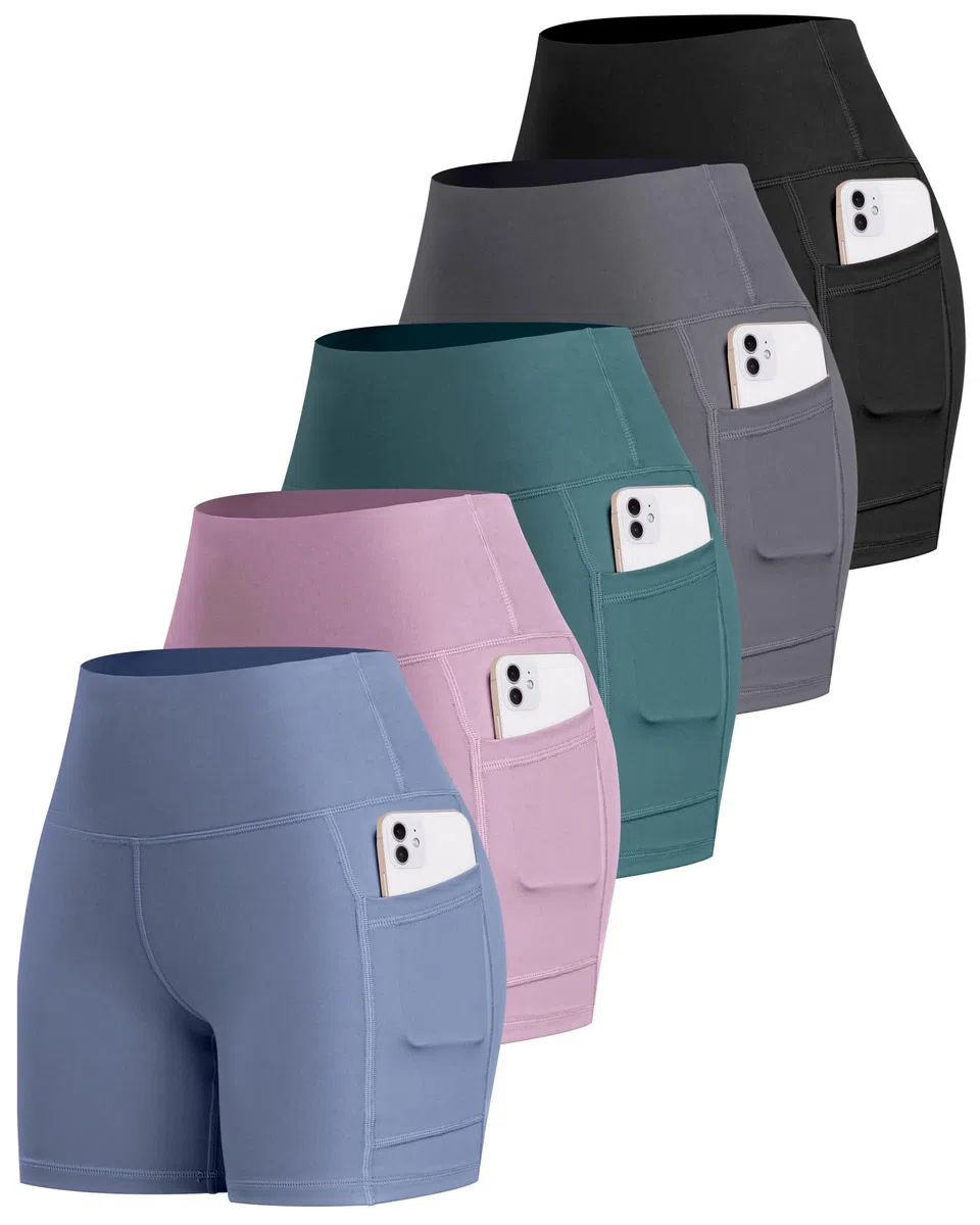 LZYVOO Pantalones cortos de elastano para mujer con bolsillos, pantalones cortos de cintura alta para yoga y entrenamiento, Paquete de 5: negro, gris oscuro, verde azulado, azul, rosa, M