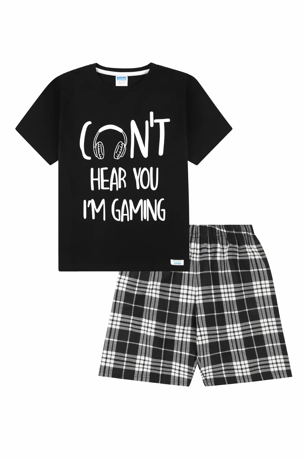 Pijama corto de algodón a cuadros con texto I Can't Hear You I'm Gaming para niños
