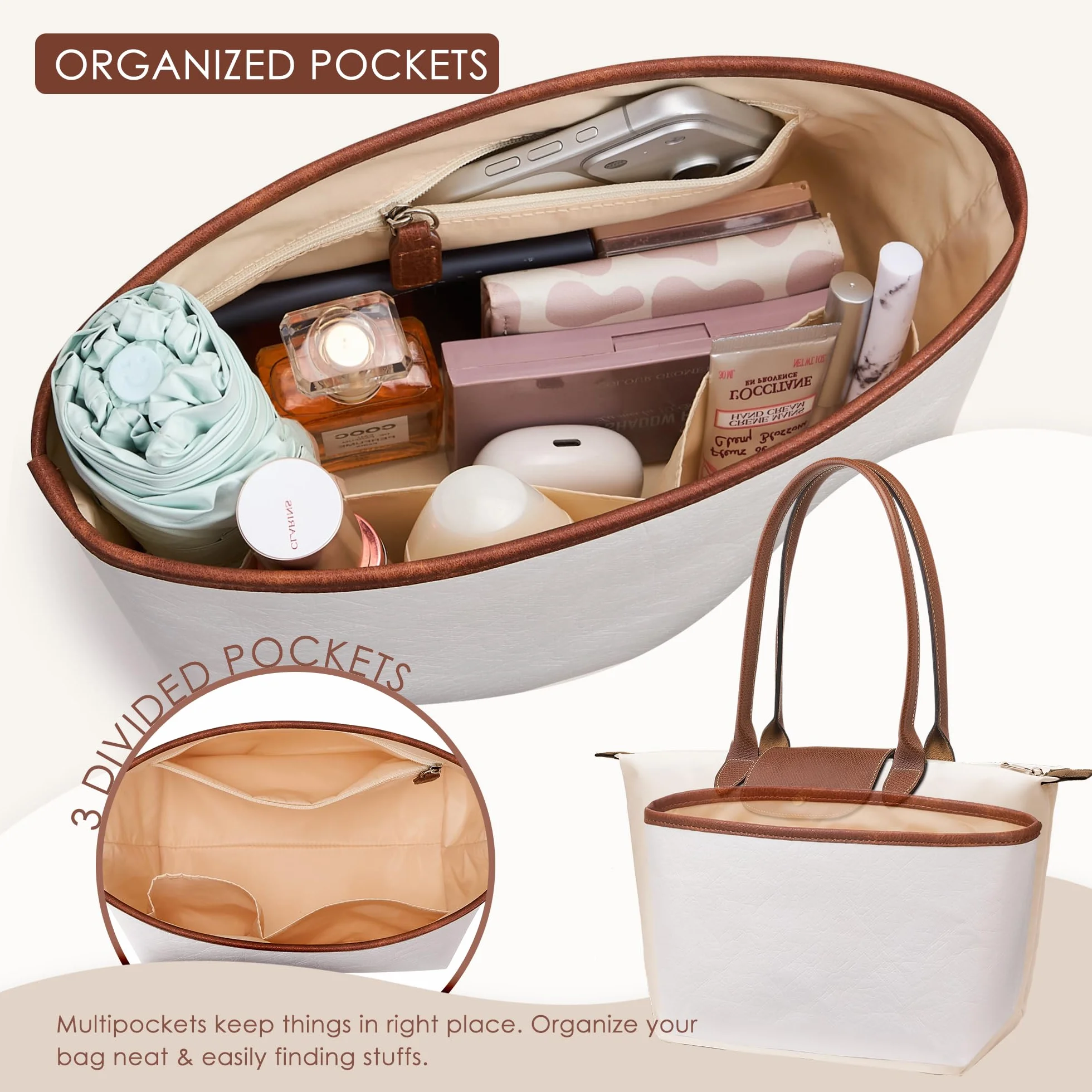 KALIDI Organizador de Bolso Inserto para Longchamp Le Pliage S Xtra, Funda Ultraligera Impermeable con Divisores Internos Mejorada para Bolso de Mano de Mujer, Blanco Pequeño