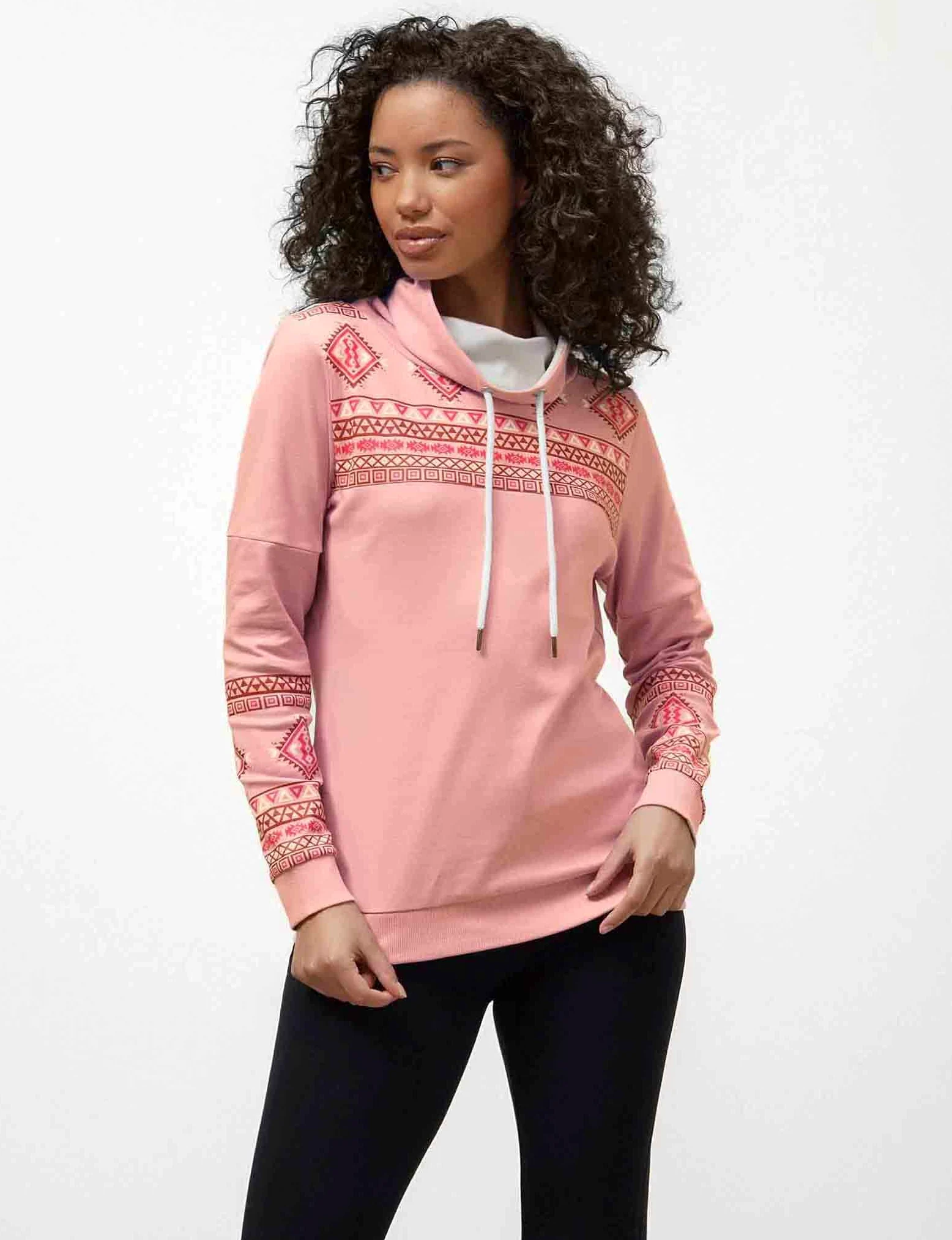 Sudadera de cuello alto con estampado geográfico para mujer, manga larga, diseño geométrico, hilo de fibra suave, ajuste delgado, con cordón de ojal y tapón