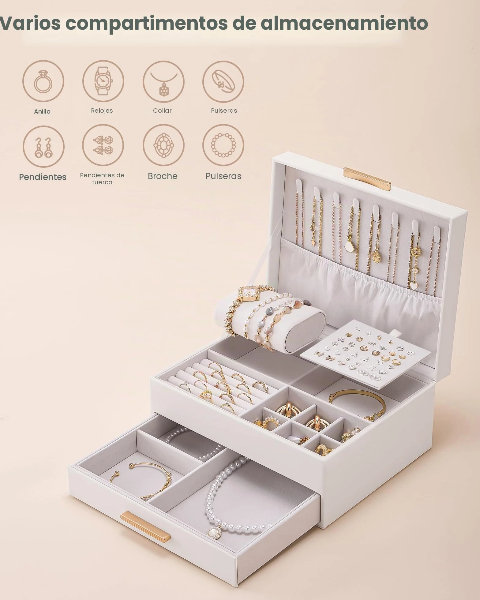 Lolalet Caja para Joyas de Doble Capa, Estuche Joyero Organizador para Collares Anillos Aretes Pulseras Relojes, Regalo para Mujer - Blanco