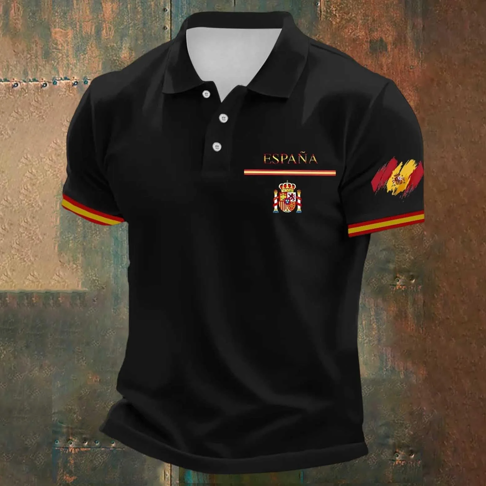 Camiseta premium de algodón suave con bandera de España bordada, polo retro de fútbol rojo y amarillo para hombre
