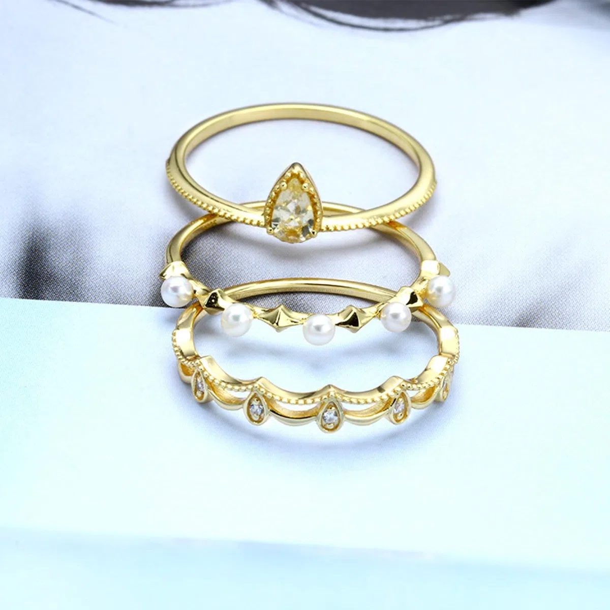Juego de 3 anillos de boda vintage de oro amarillo de 9 quilates, 14 quilates y 18 quilates con cristal y perla, moissanita