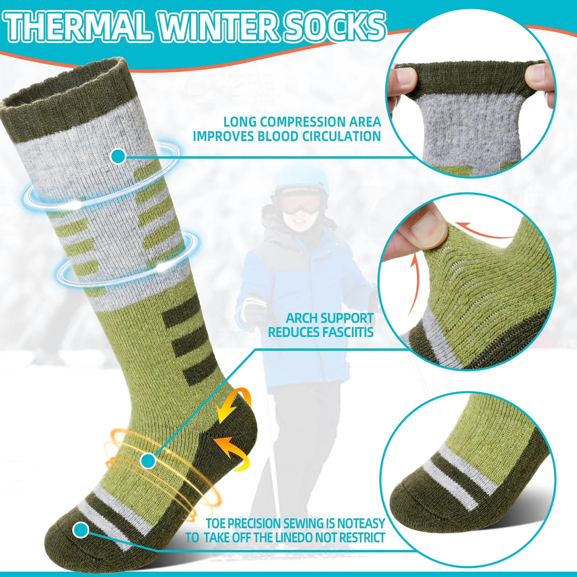 Velice Calcetines de esquí de lana merino para niños, 3 pares, térmicos, gruesos, cálidos, para invierno, para esquí, snowboard
