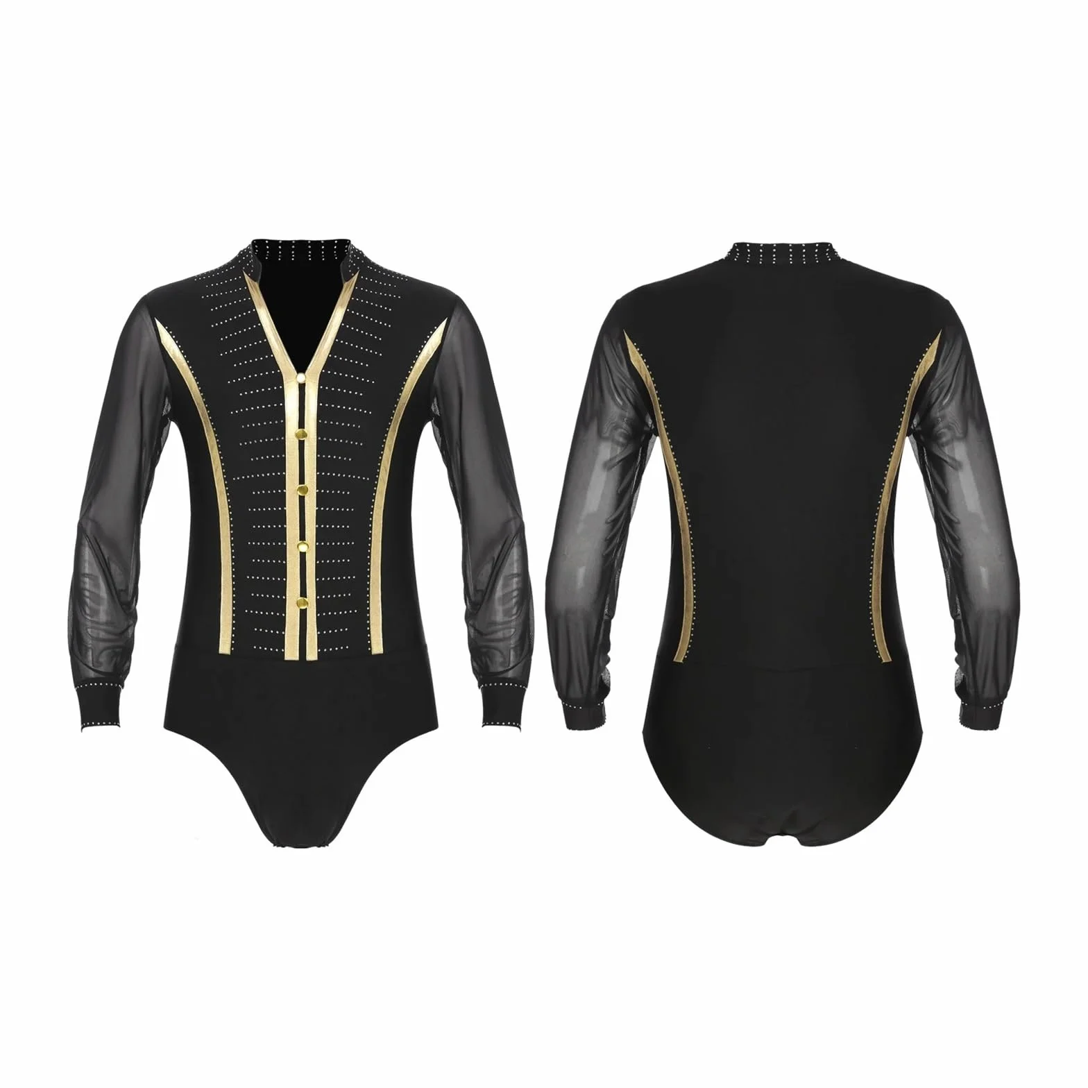Hombre Camisa de Baile Latino con Diamantes de Imitación, Traje de Salón Cha Cha Rumba, Manga Larga, Ropa de Práctica Latina (Negro, M)