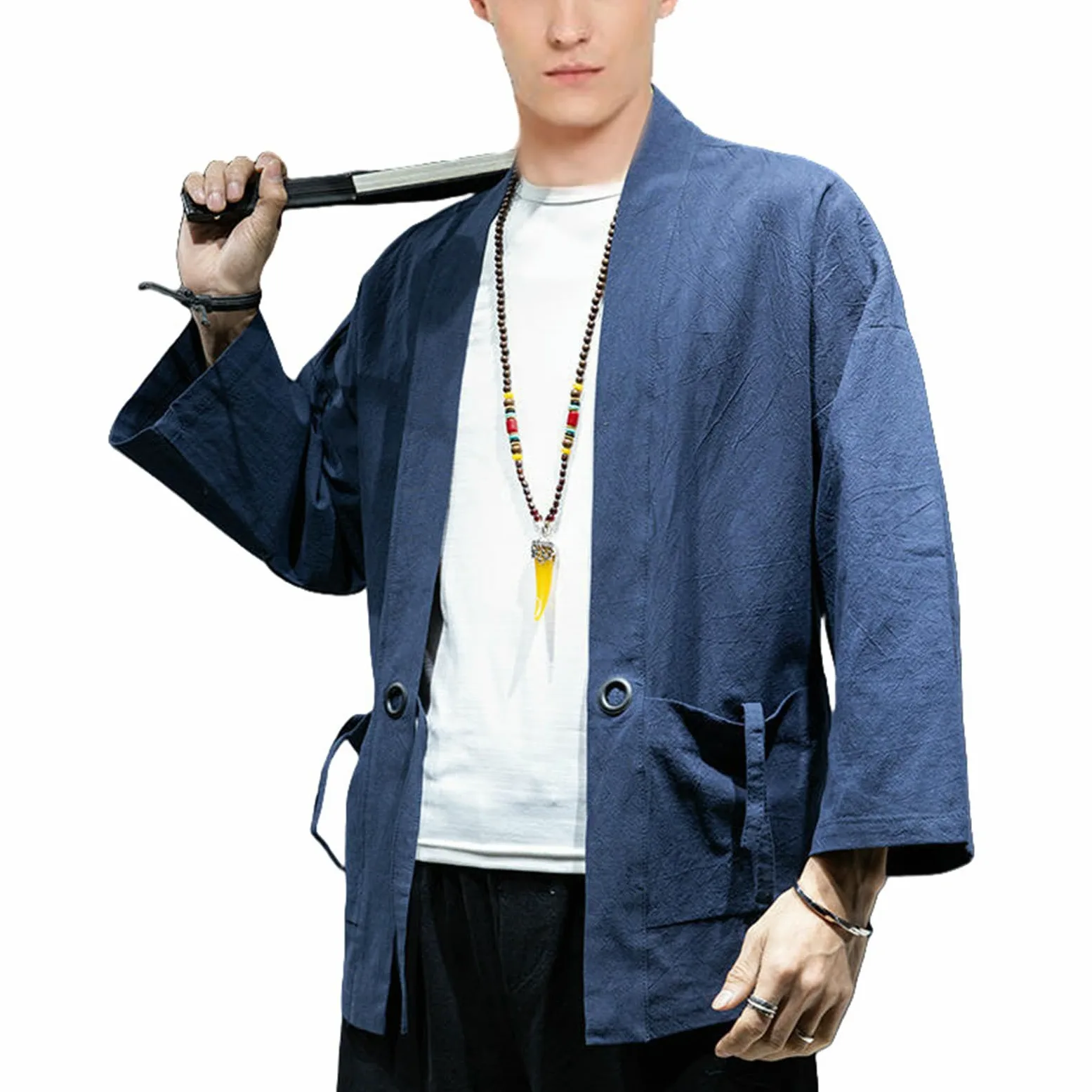 Hanfu - Cárdigan de verano para hombre, estilo chino, algodón, lino, ajuste holgado, protección solar, bata taoísta, kimono, capa