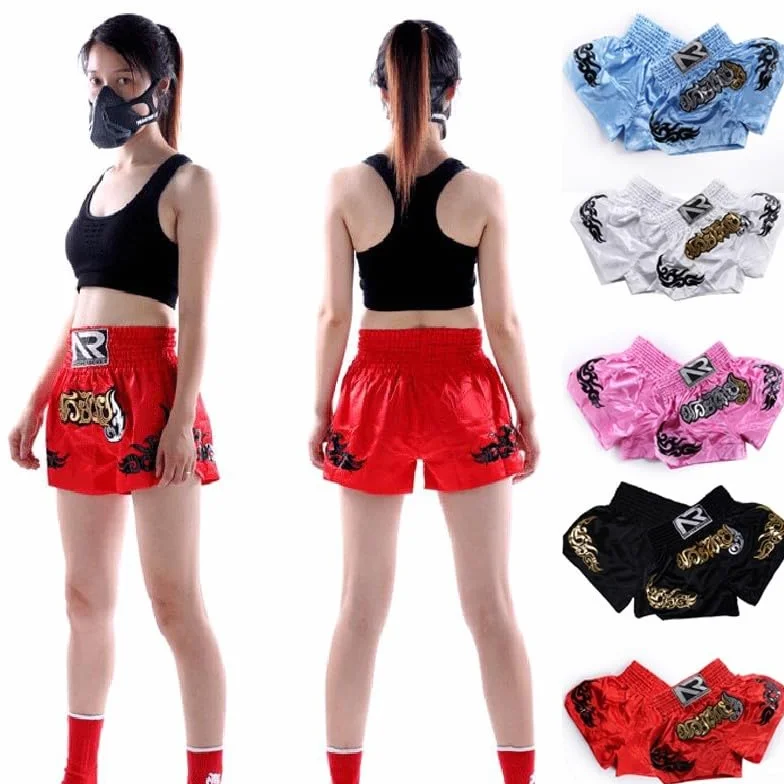 Pantalones cortos de kickboxing para mujer, para entrenamiento de Muay Thai, ropa de lucha MMA transpirable de poliéster con cintura elástica para boxeo y fitness