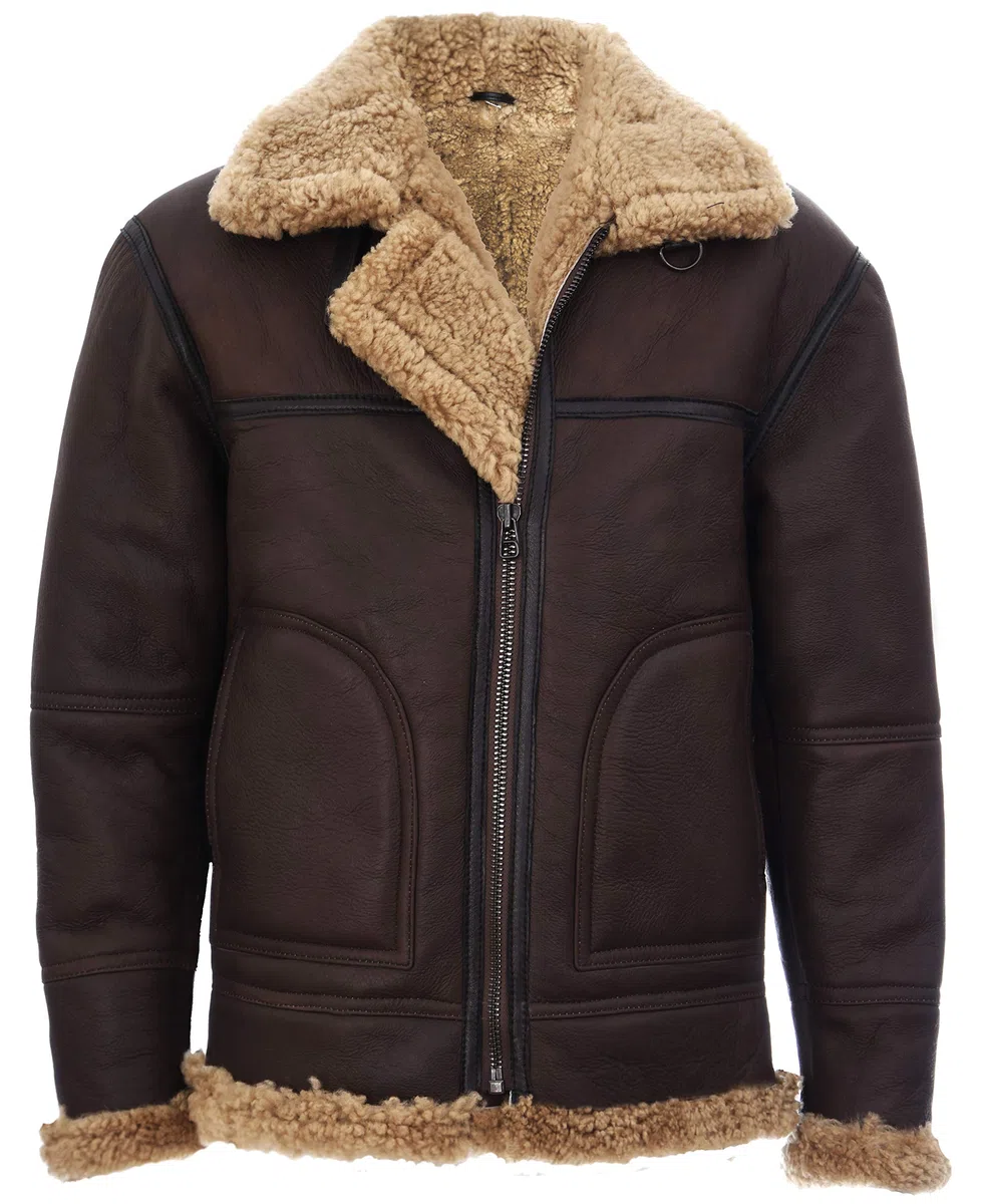 Infinity Leather Chaqueta de Cuero del Aviador del Vuelo de la Piel de Oveja del Marrón del B3 Para Hombre