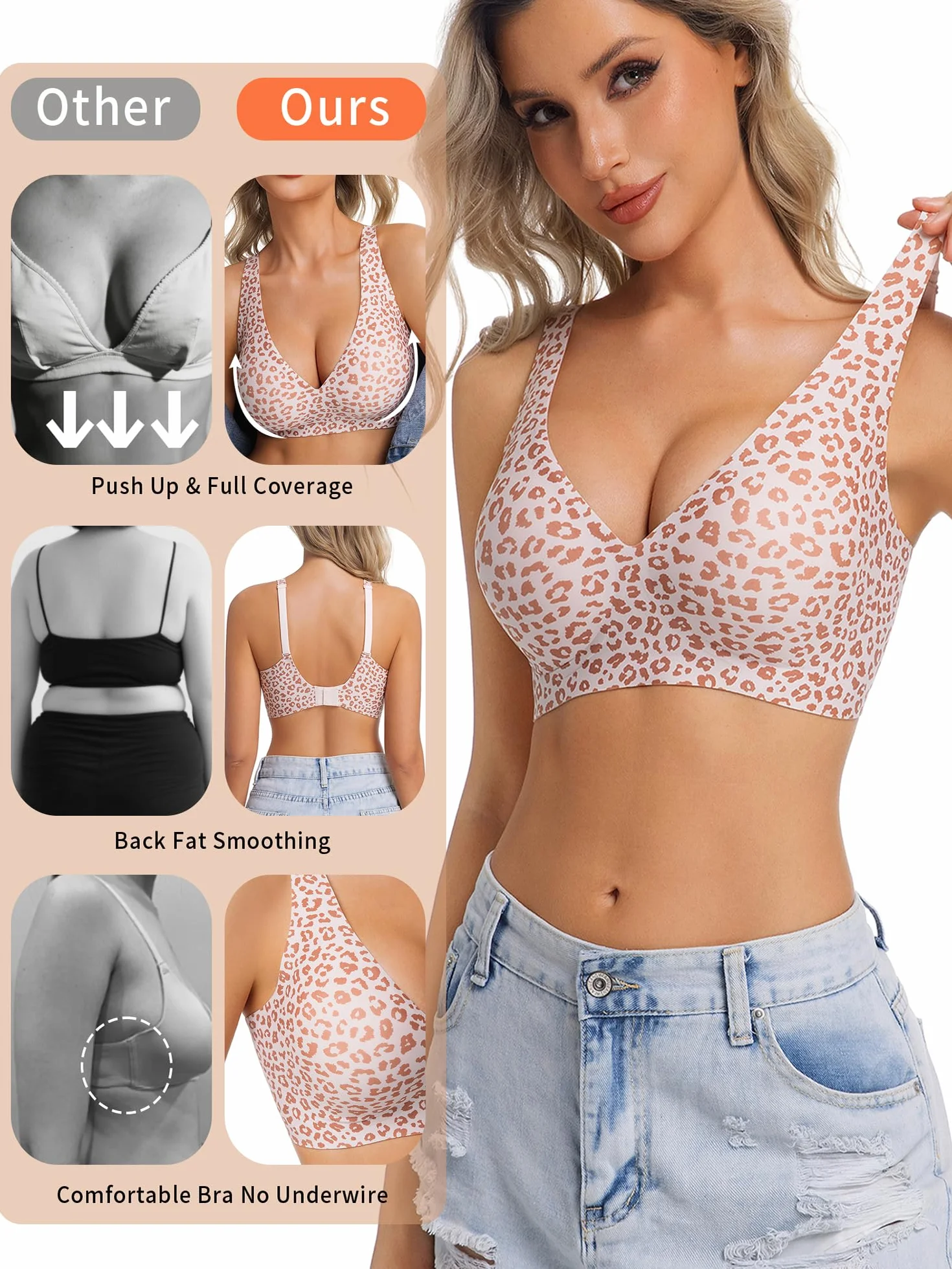 HOWIN Sujetador sin Aros ni Costuras Push Up con Relleno, Escote Profundo Invisible Bralette Mujer
