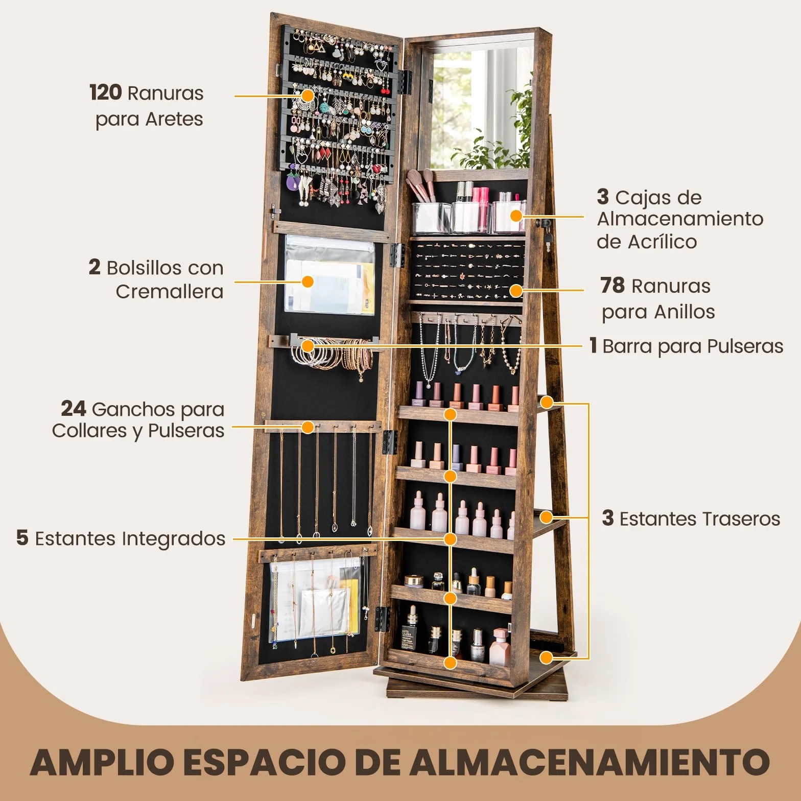 COSTWAY Armario para Joyas Giratorio 360°, Espejo Joyero de Pie con Estantes Traseros, Espejo de Maquillaje Integrado, 3 Cajas y 2 Bolsillos con Cremallera para Dormitorio (Marrón)