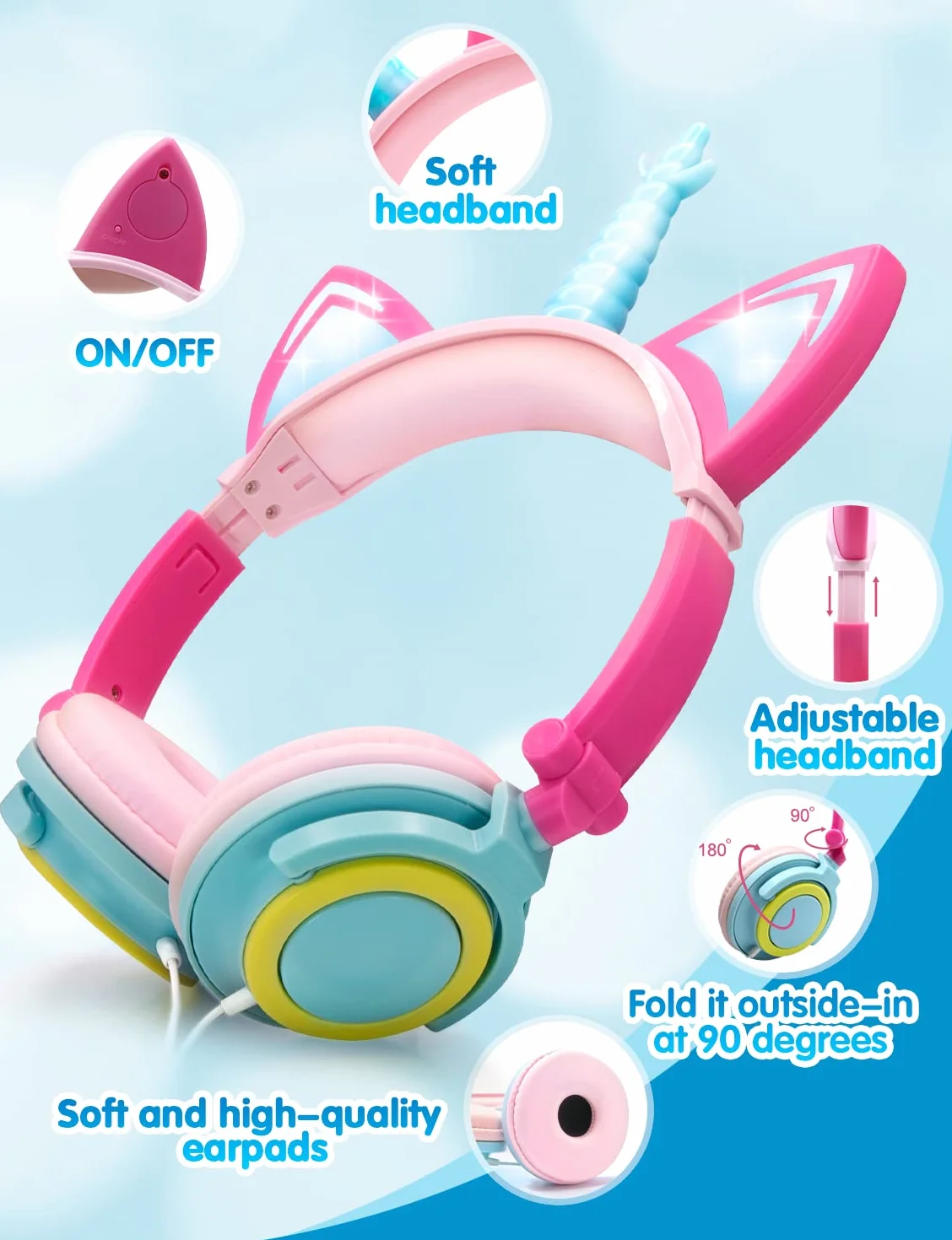 ONTA Auriculares para Niños con Orejas de Gato Iluminados con LED Plegables sobre Oído, Auriculares Resplandor Unicornio para Niños para la Escuela, la Casa, Cable Sin Enredos (Polvo Azul)