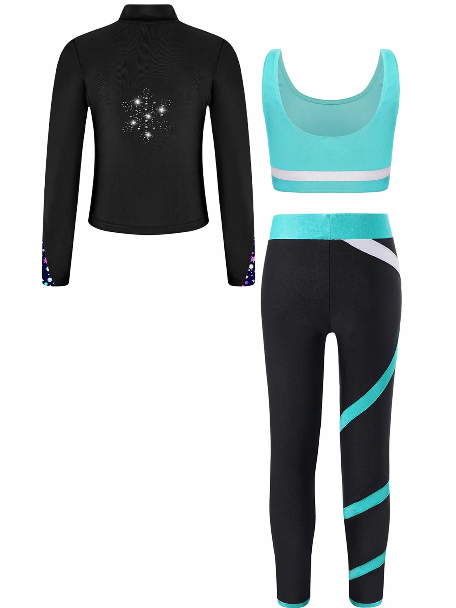 TiaoBug Conjunto Deportivo Para Niñas Chaqueta Manga Larga + Chaleco Sin Mangas + Leggings Traje De Gimnasia Rítmica Entrenamiento Azul verde 11-12 años