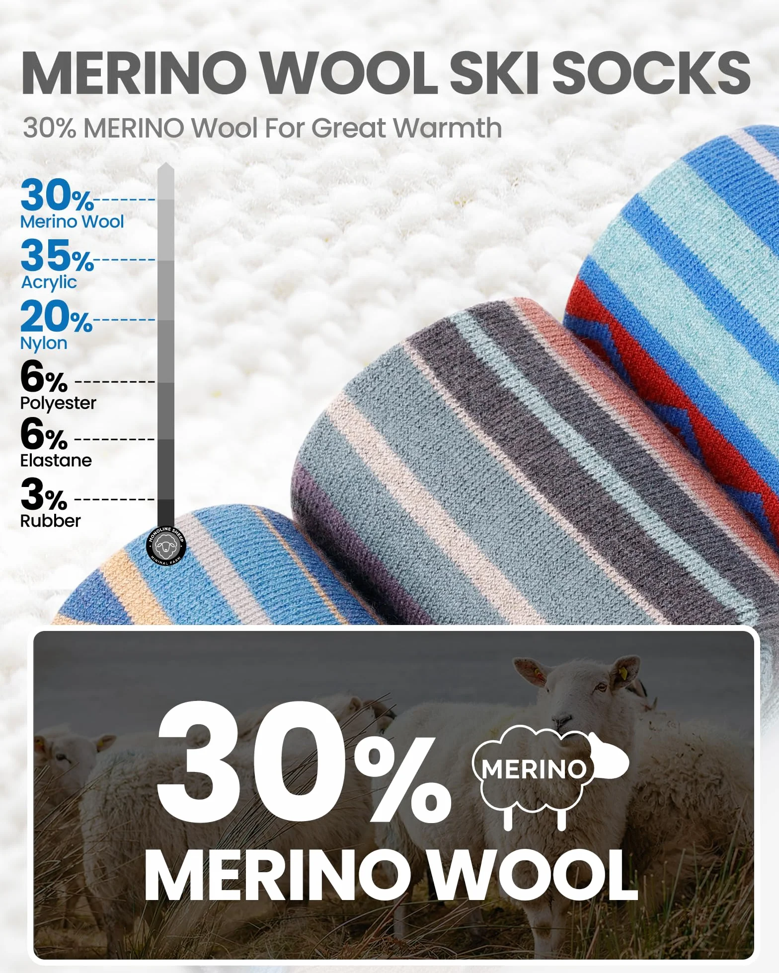 OutdoorMaster Calcetines de Esquí de Lana Merino Unisex para Hombre & Mujer, Calcetines Transpirables de Invierno para Snowboard y Deportes al Aire Libre con Diseño OTC/puño Antideslizante