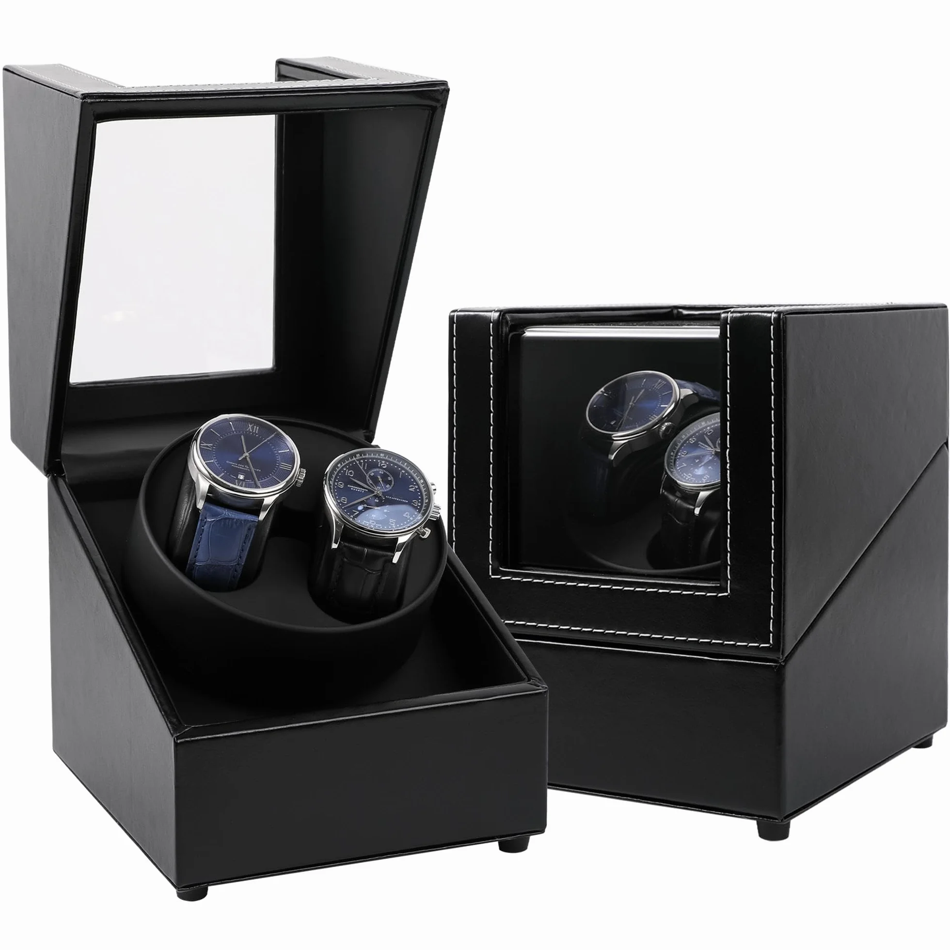 Caja giratoria para 2 relojes automáticos USB, piel sintética, motor silencioso, negro