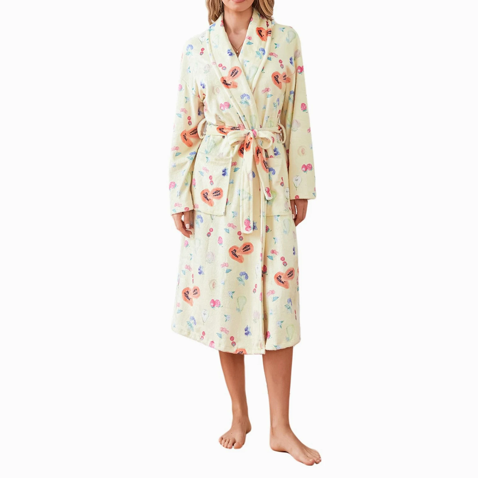 Albornoz de forro polar suave para mujer, con estampado floral de frutas, bata larga tipo kimono con bolsillo