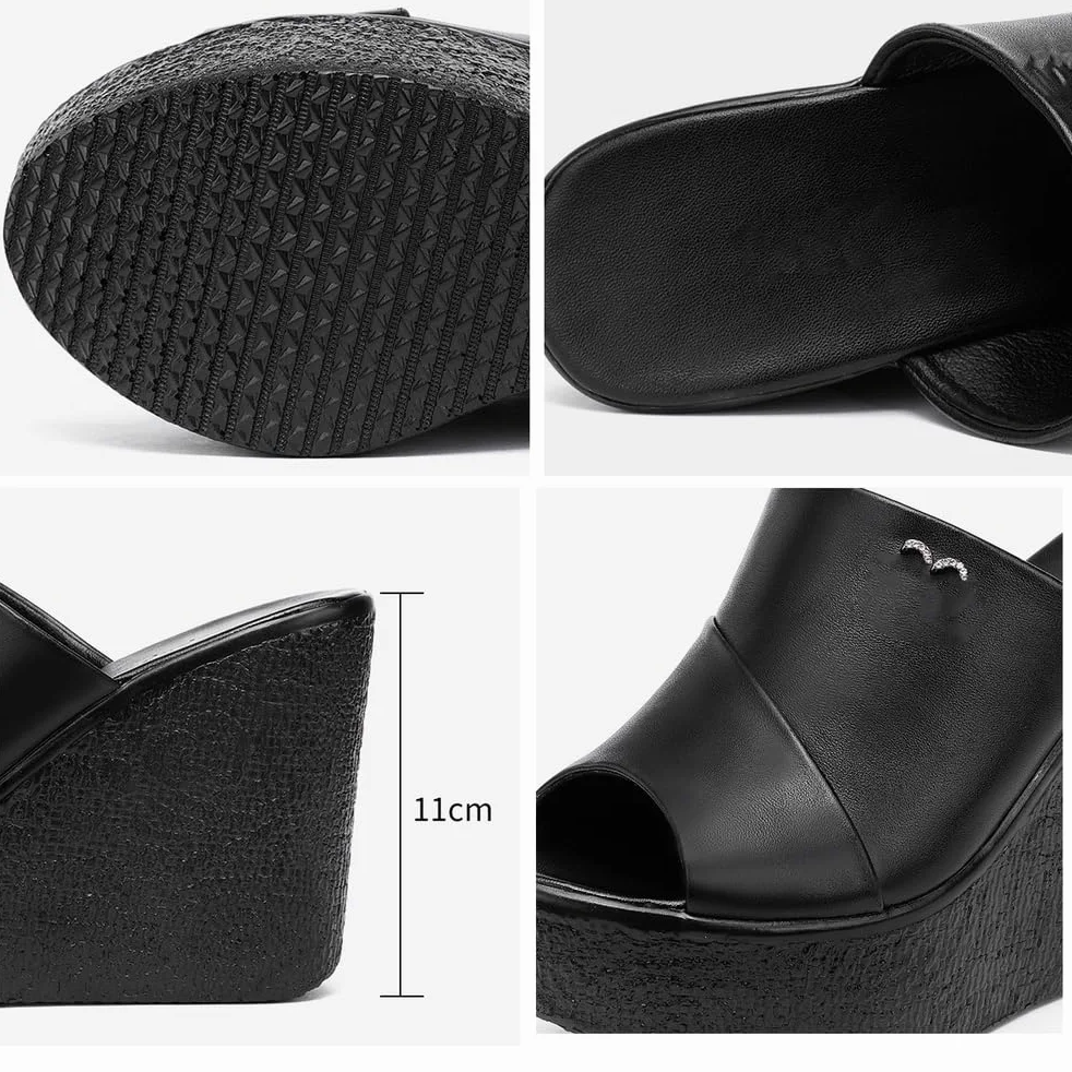 Sandalias de Cuña con Plataforma para Mujer, Negro, Cuero, Peep Toe, Tacón Alto 11cm, Mule Estilo Casual