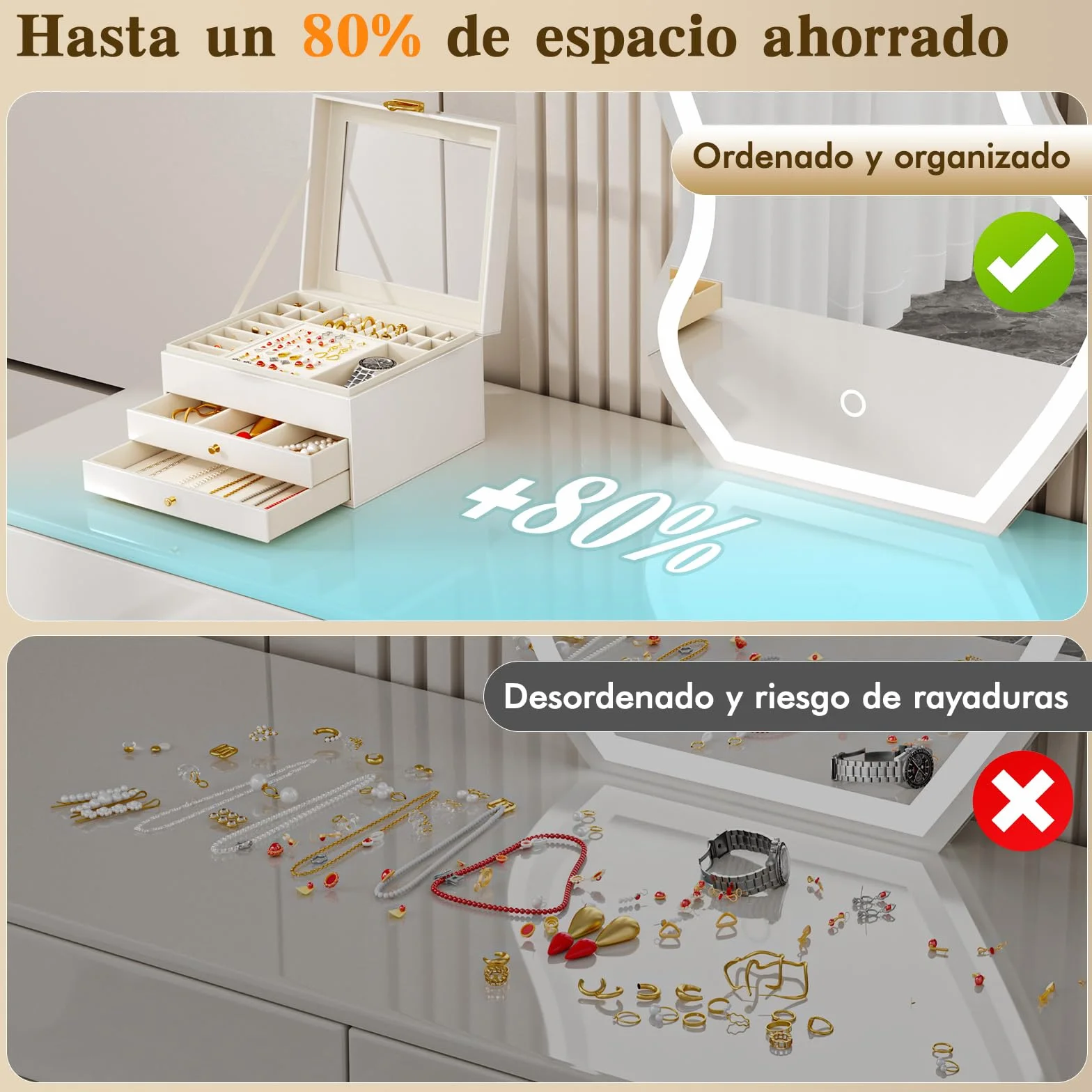 Caja Grande para Joyas 3 Niveles 24 Compartimentos Organizador de Anillos Collares y Pendientes con Tapa Transparente Blanco Mate