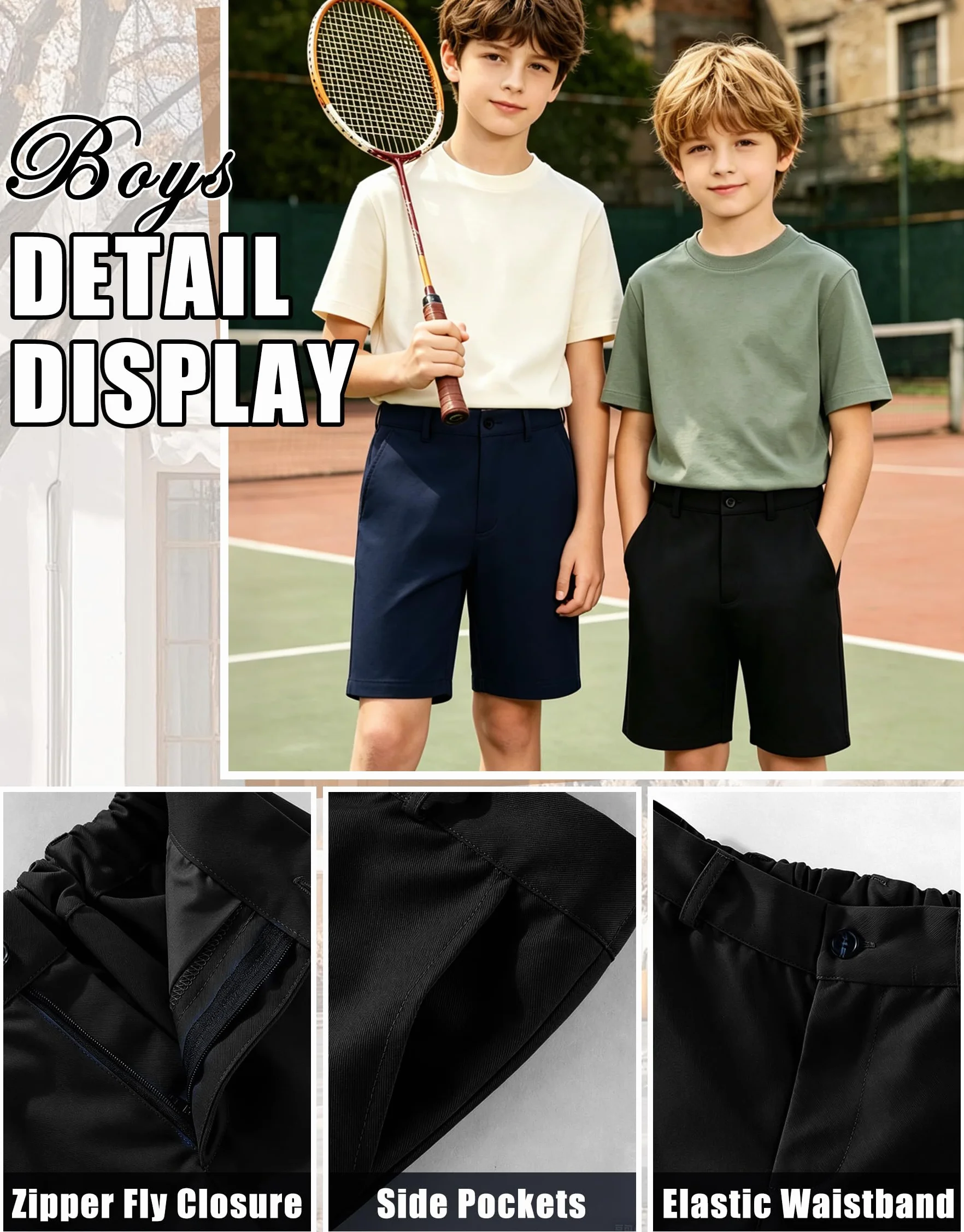 Pantalones Cortos Escolares Niños, Sin Plancha Shorts Uniforme con Cremallera Botón, Transpirable Cinturilla Elástica Pantalón Cortos Formales Deportes para Infantil Edad 7-13