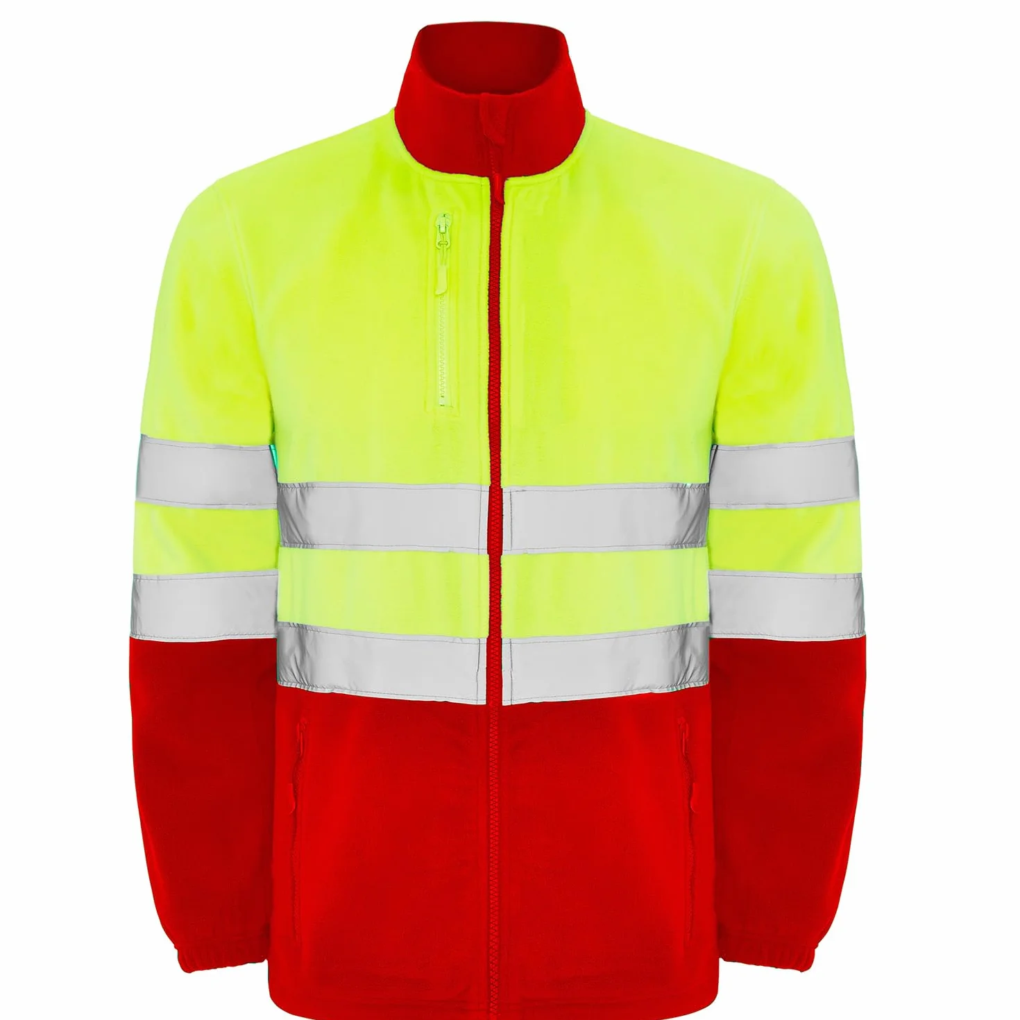 Chaqueta polar alta visibilidad adulto con cintas reflectantes, cremallera completa, bolsillos frontales y pecho, 100% poliéster