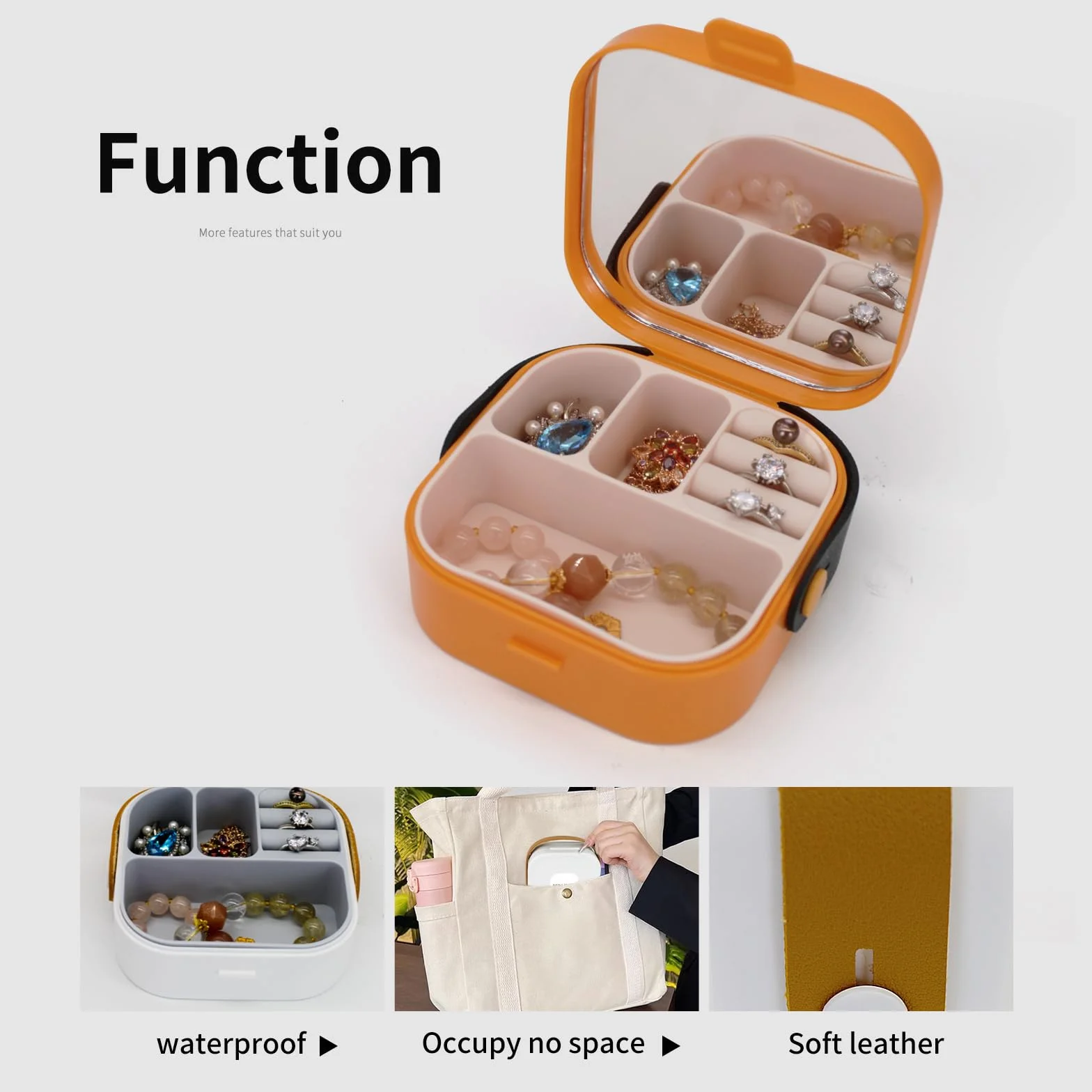 FuninCrea Estuche Joyero Pequeño con Espejo y 3 Paños, Almacenamiento de Viaje para Anillos Pendientes Pulseras, Blanco Clásico