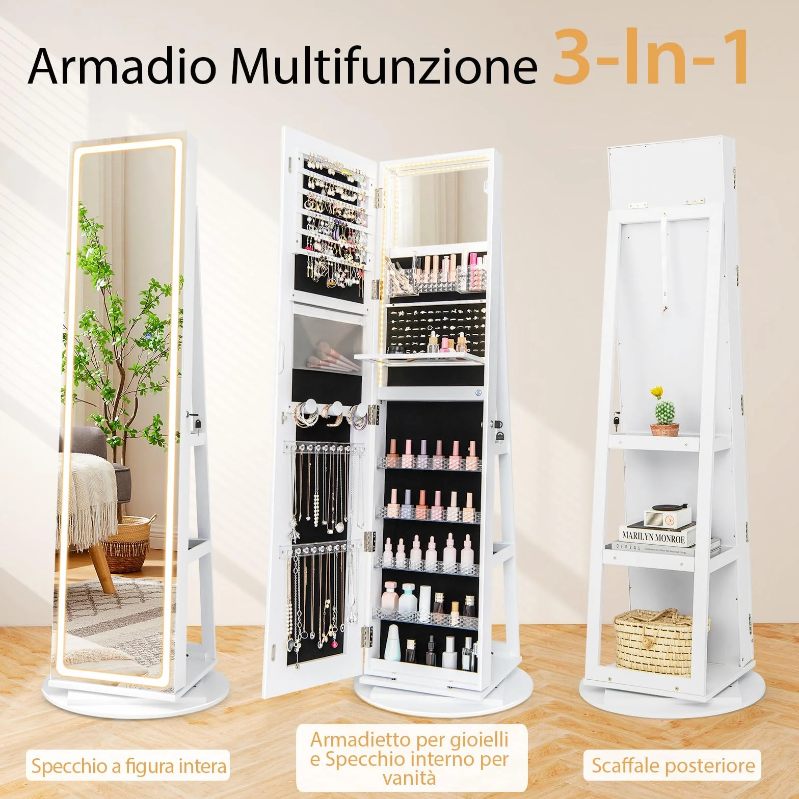 RELAX4LIFE Armario Joyero con Base Giratoria 360°y Espejo Cuerpo Entero, Espejo Joyero de Pie con Luces LED Luminosas, Organizador para Joyas y Accesorios (Blanco, 54,5x54,5x160 cm)