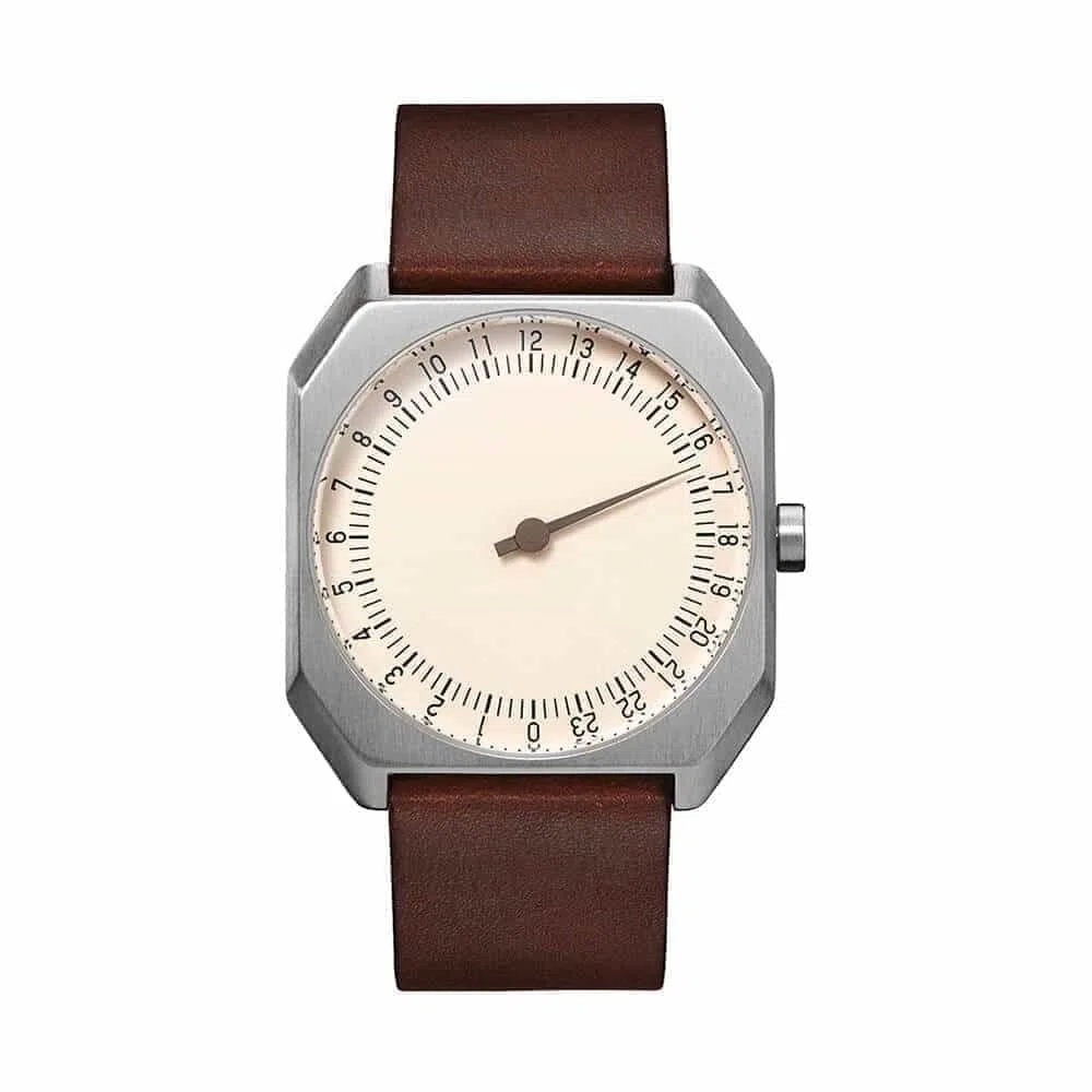 Slow Jo 17 - Reloj suizo unisex de 24 horas plateado, con correa de cuero marrón oscuro vintage