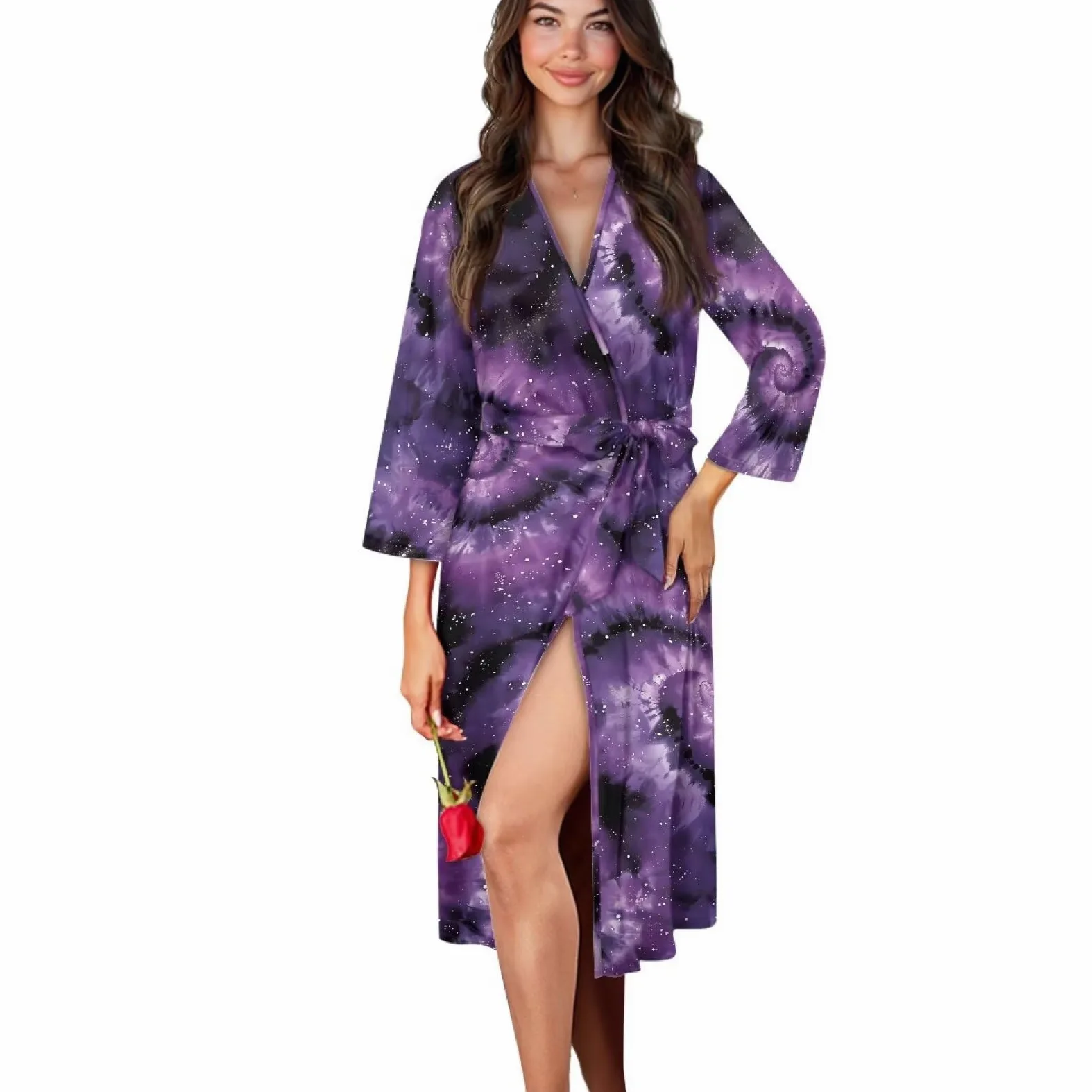 Loungwear - Camisón de manga larga para mujer, cuello en V con cinturón, ligero y holgado, para spa, noche, hogar, otoño e invierno