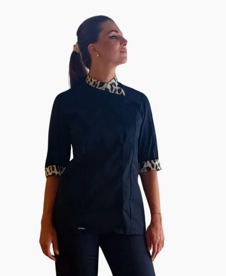 Betty - Chaqueta de cocinero para mujer, personalizada, chef de cocina, color negro y leopardo, para restaurante, pizzería, hotel, pastelería, uniforme de trabajo personalizable