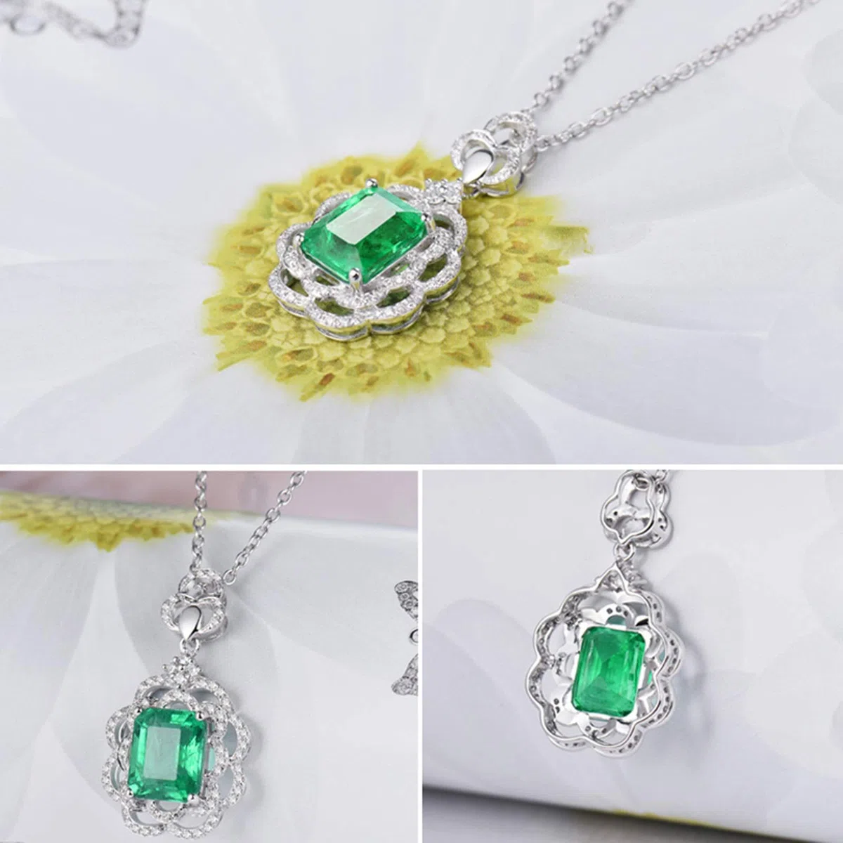 Delicado Collar para Mujer, Flor con Esmeralda creada por Muchacho de 2,5 Quilates, Oro de 18 Quilates/Plata de Ley 925, Collares con Colgante para niñas, Regalo para el día de la Madre/día de San