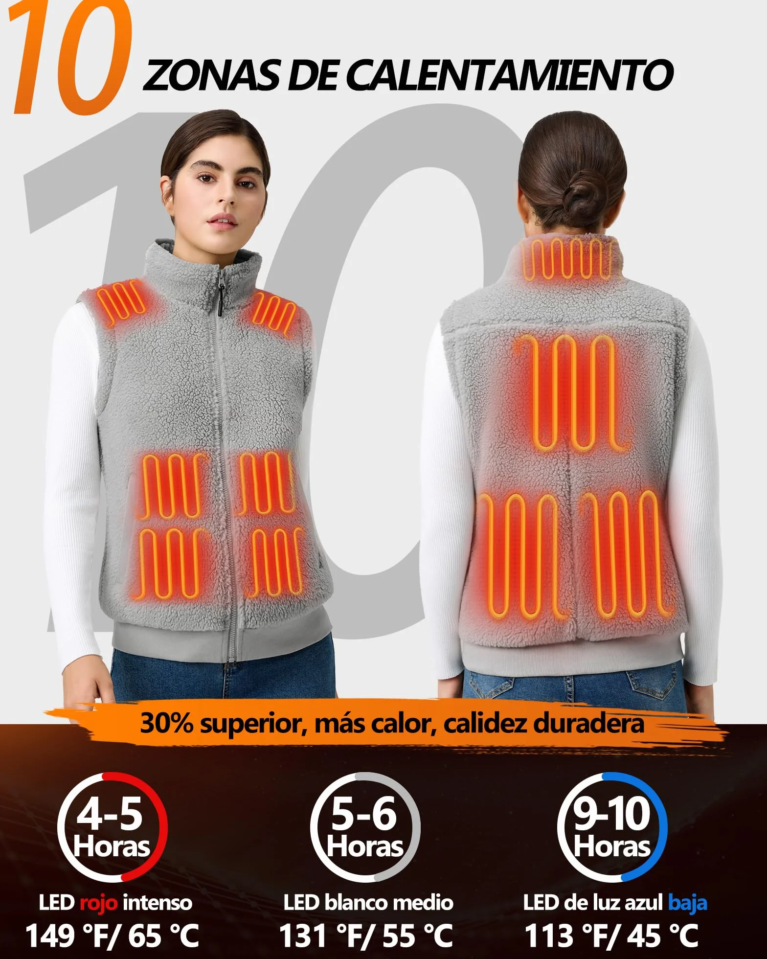 Topdot Chaleco Calefactable Mujer con Batería 7.4V 16000mAh, 10 Zonas Calentamiento 3 Temperaturas