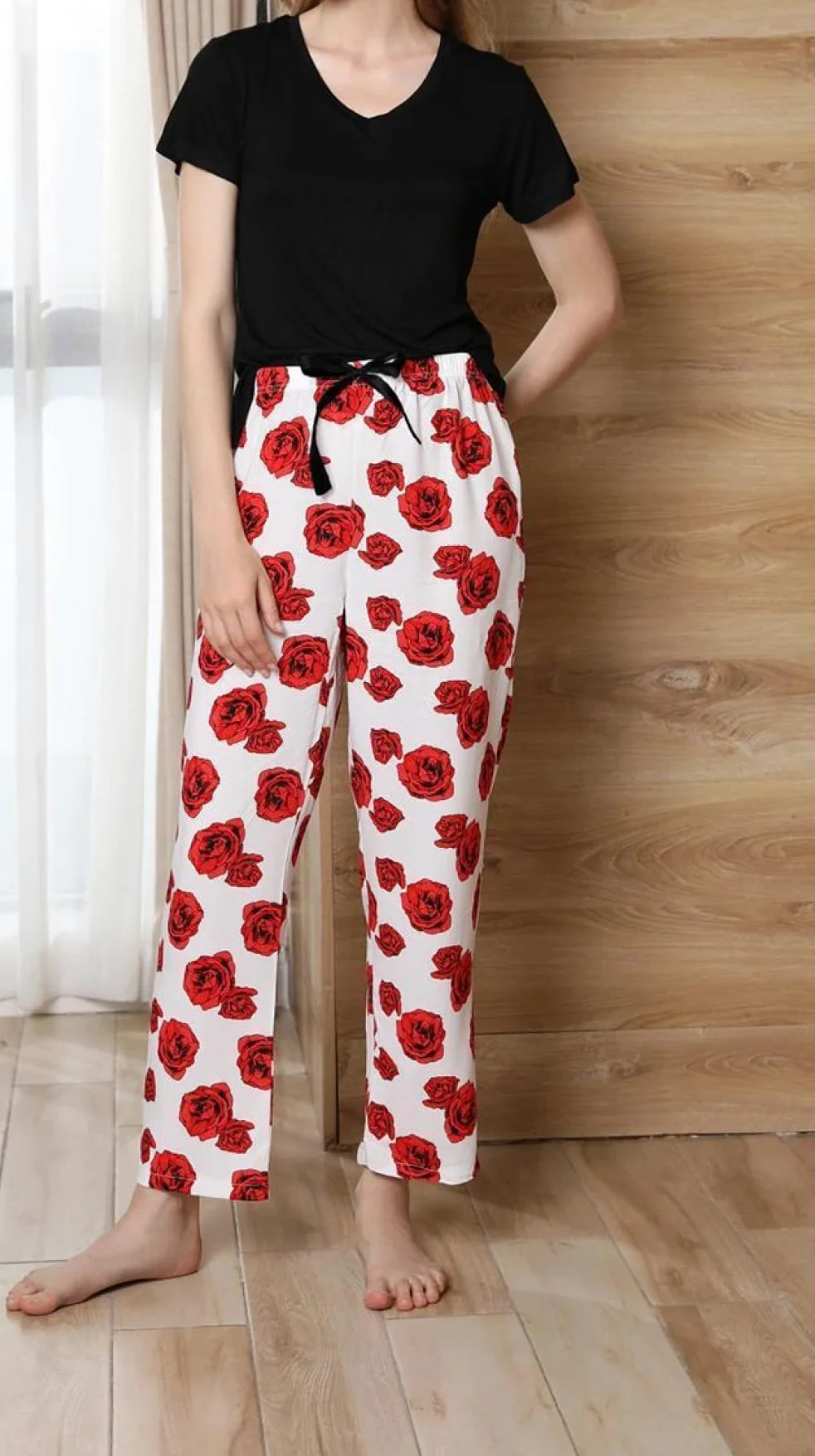 Pijama De Mujer Manga Corta,Estampado De Rosas Rojas Pijama De Manga Corta De Verano Para Mujer Conjunto De 2 Piezas Pijama De Moda Suave Loungewear Regalo Del Día De La Madre Para Esposa Novia Mam