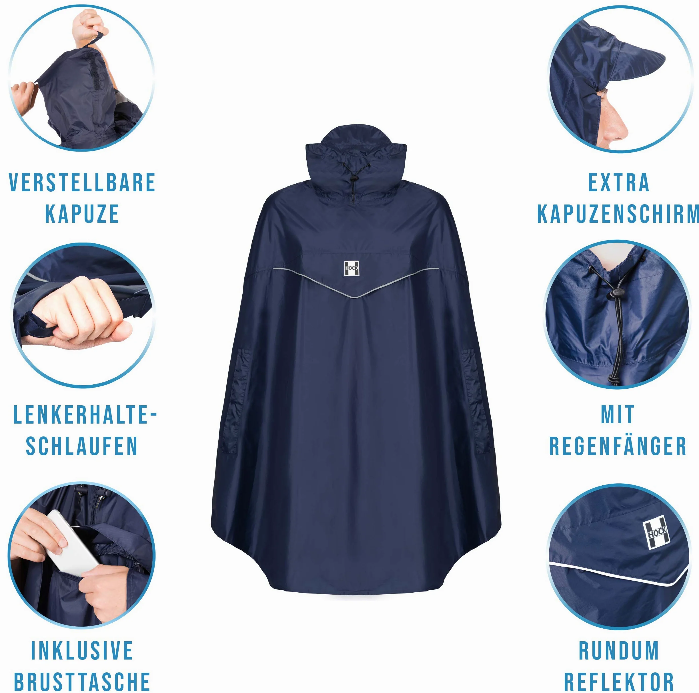 HOCK Poncho de lluvia para bicicleta 'Rain Light' con capucha y apertura lateral de los brazos, capa de lluvia extra ligera para hombre y mujer – Poncho de bicicleta 100,0% impermeable, incluye correa