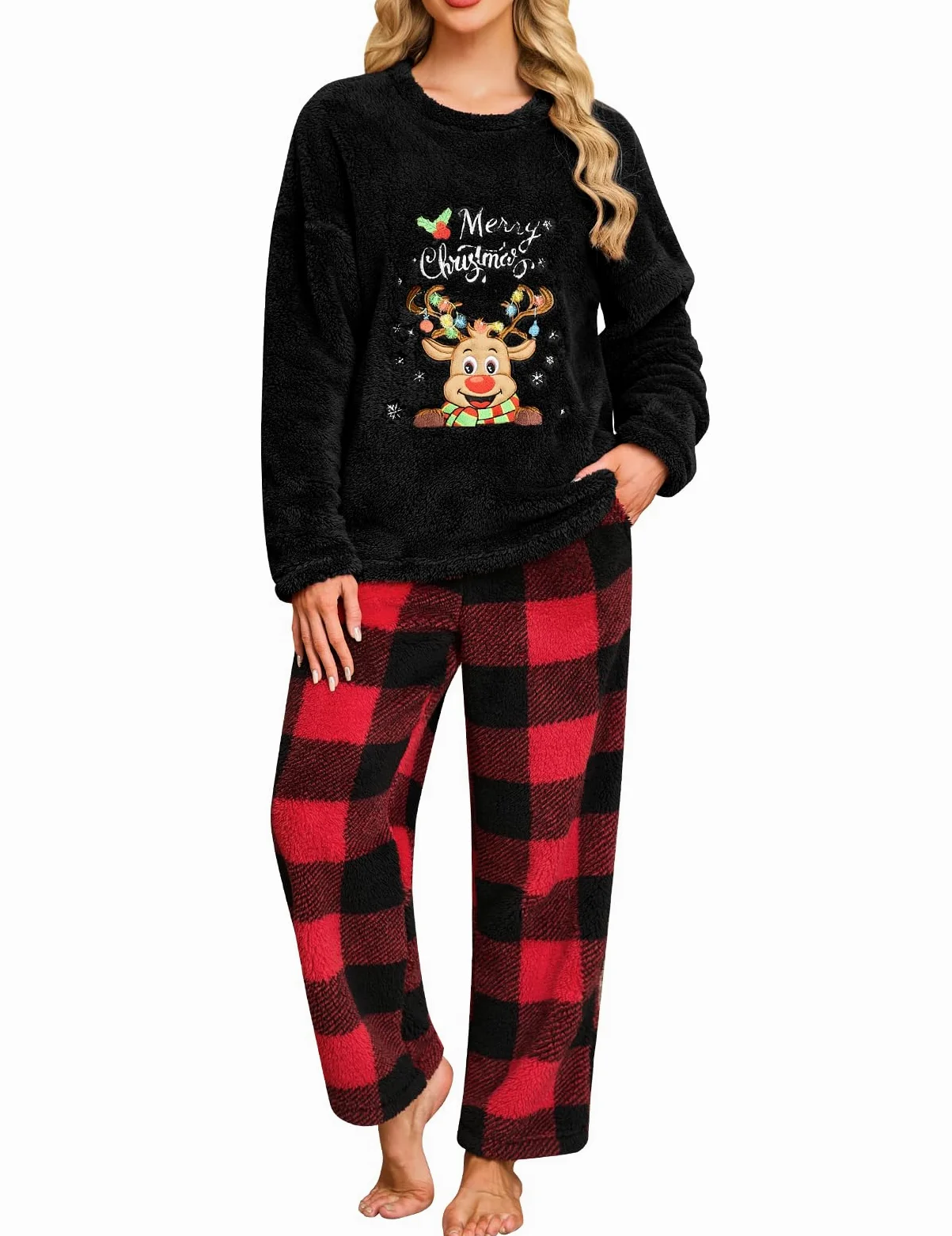 UMIPUBO Pijama Mujer Invierno Navidad Polar Manga Larga y Pantalón Largo con Bolsillo Franela 2 Piezas Conjunto de Pijama Navideños Calentito Cuadros Ropa de Dormir Suave Plaid Pijamas