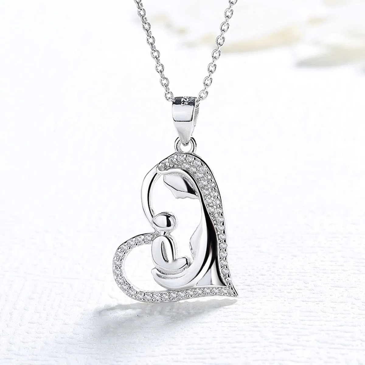 Collar de 14 quilates, collar con colgante de corazón de diamante para madre y niño, 2.66x1.64CM, Vidrio Cuero, Diamante