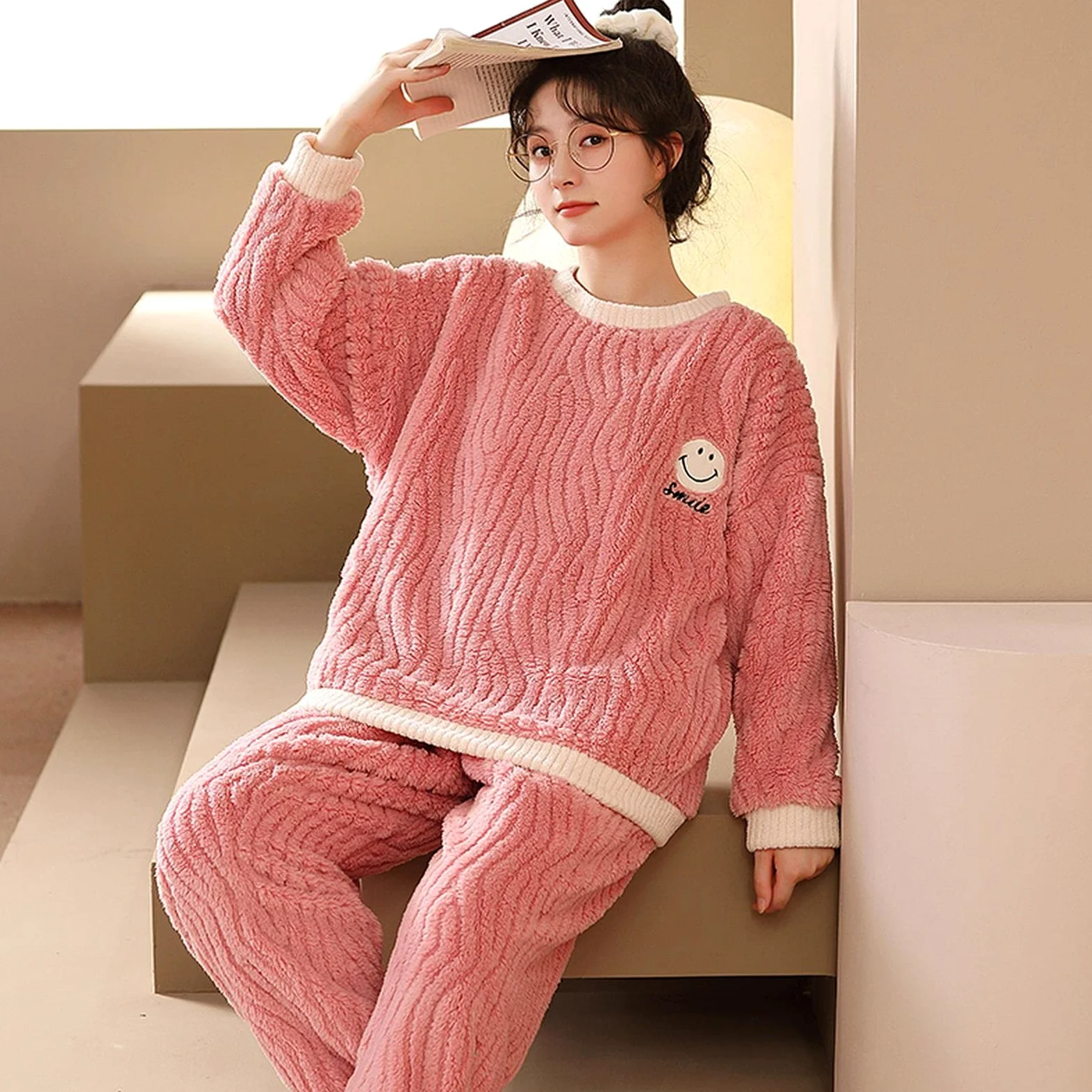 TOBILE Pijama de franela de invierno para mujer, conjunto de pijama de felpa jacquard cálido grueso para el hogar, pantalones de dos piezas, pijama 9904, M