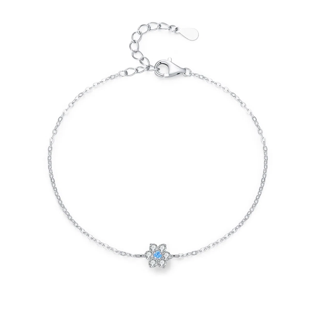Pulseras Oro Blanco Mujer 9Kilates / 14Kilates / 18Kilates, Flor con Aguamarina y Diamante Creado, Cadena Extensible 16 CM + 5 CM, Pulsera de Mujer Ajustable Plata Azul Claro