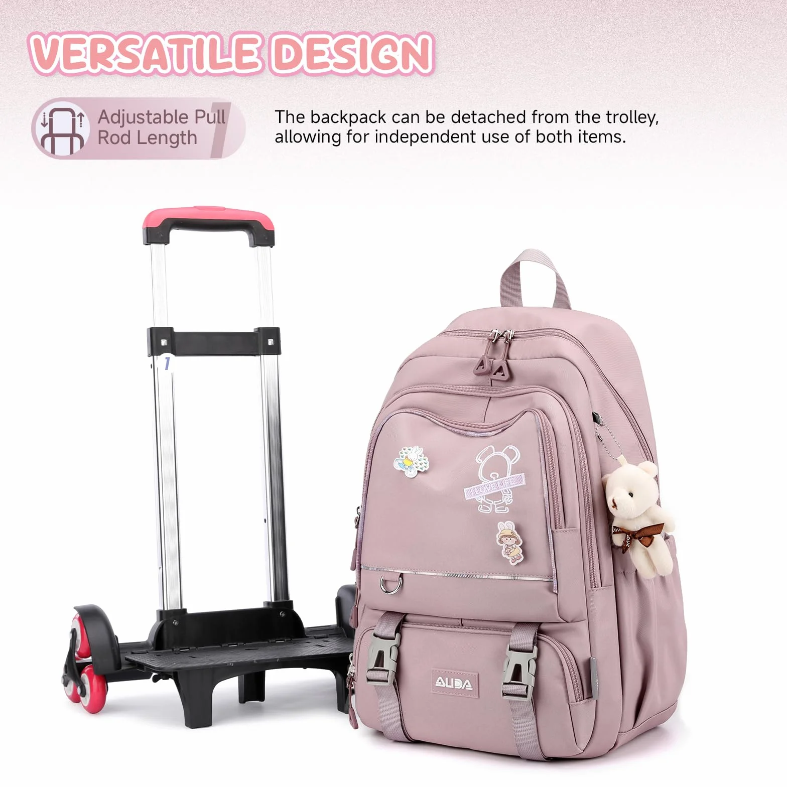 Amythe Mochilas Escolares con Ruedas Niñas, Trolley Desmontable, Morado | Mochila Colegio con 6 Ruedas para Chicas de 10-18 años, Carro Bolso Escolar con Colgante para Adolescentes, Vuelta al cole