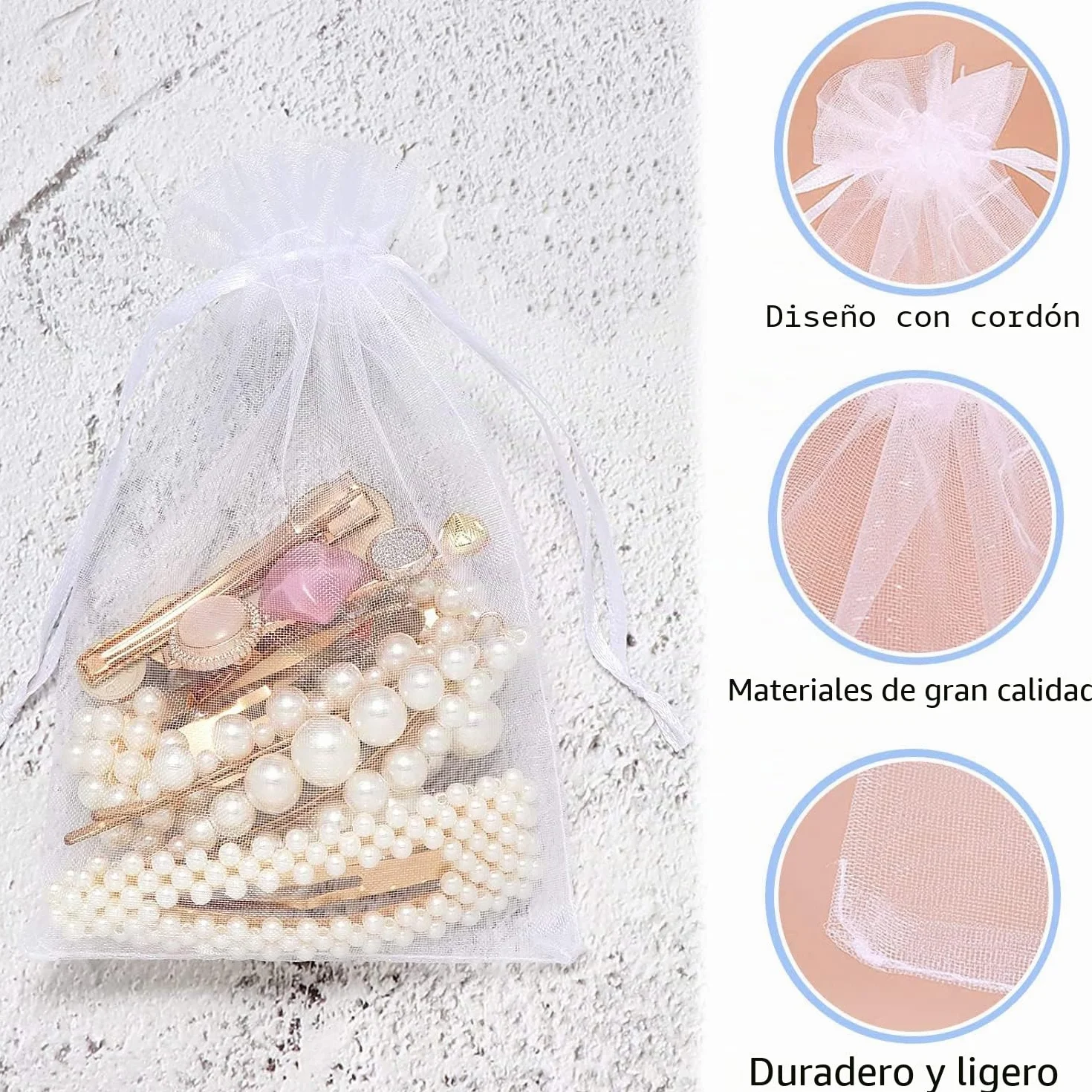 50 bolsas de organza blancas, 9 x 12 cm, de organza, regalo, joyas, bodas, caramelos, con cordón de satén, para festivales, fiestas y bodas