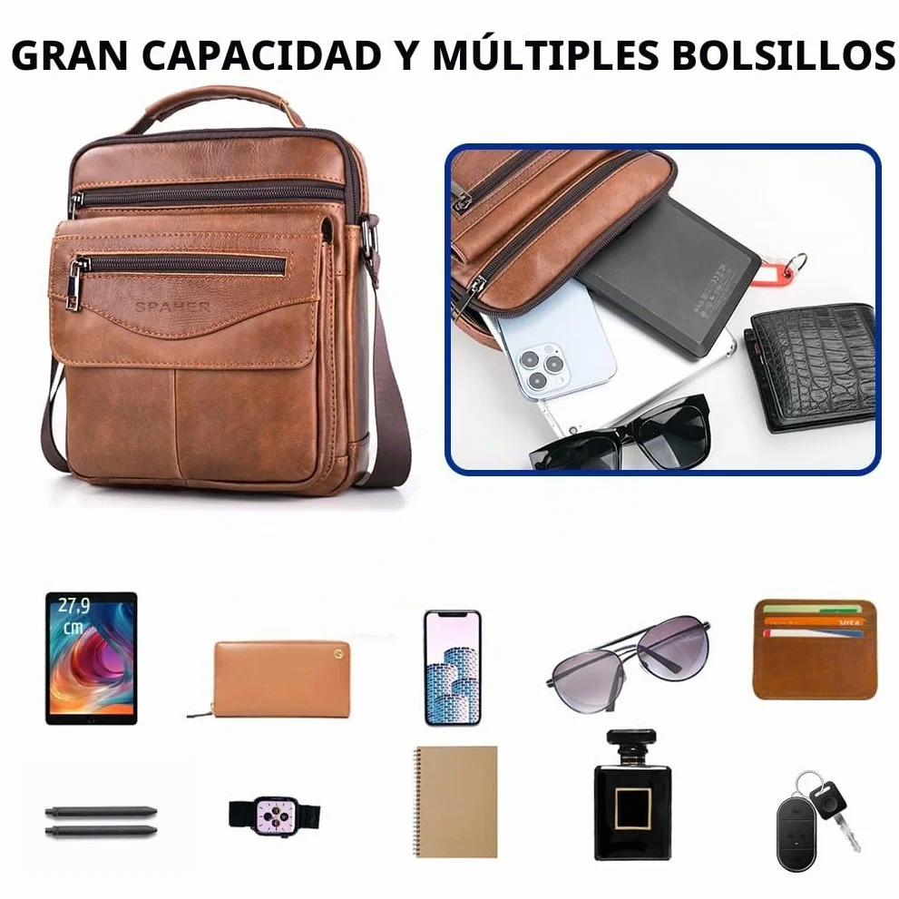 SPAHER Bandolera de Cuero Grande Bolso Piel Caballero Mariconeras para Hombres Man Bag