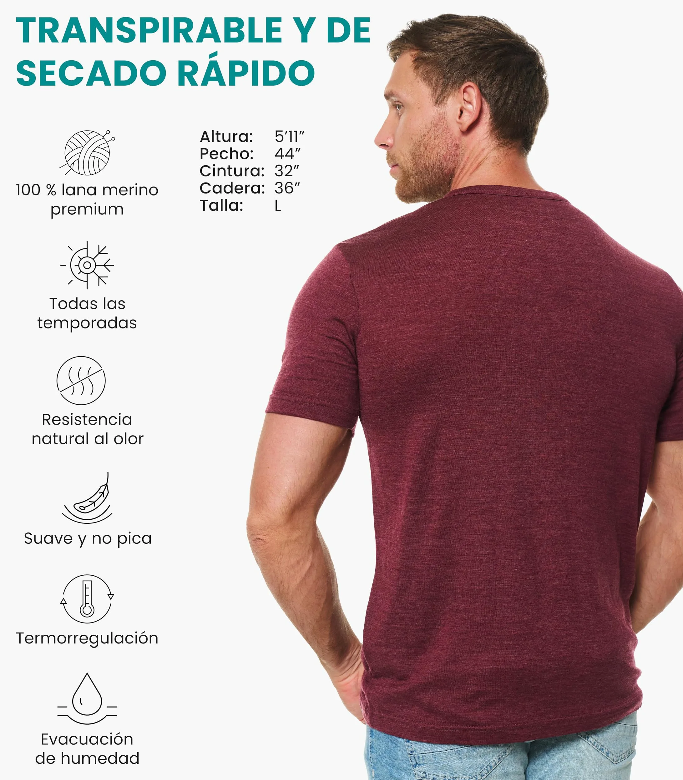 Merino.tech Camiseta Interior de Lana Merino 100% para Hombre (Medium, Burgundy Henly)
