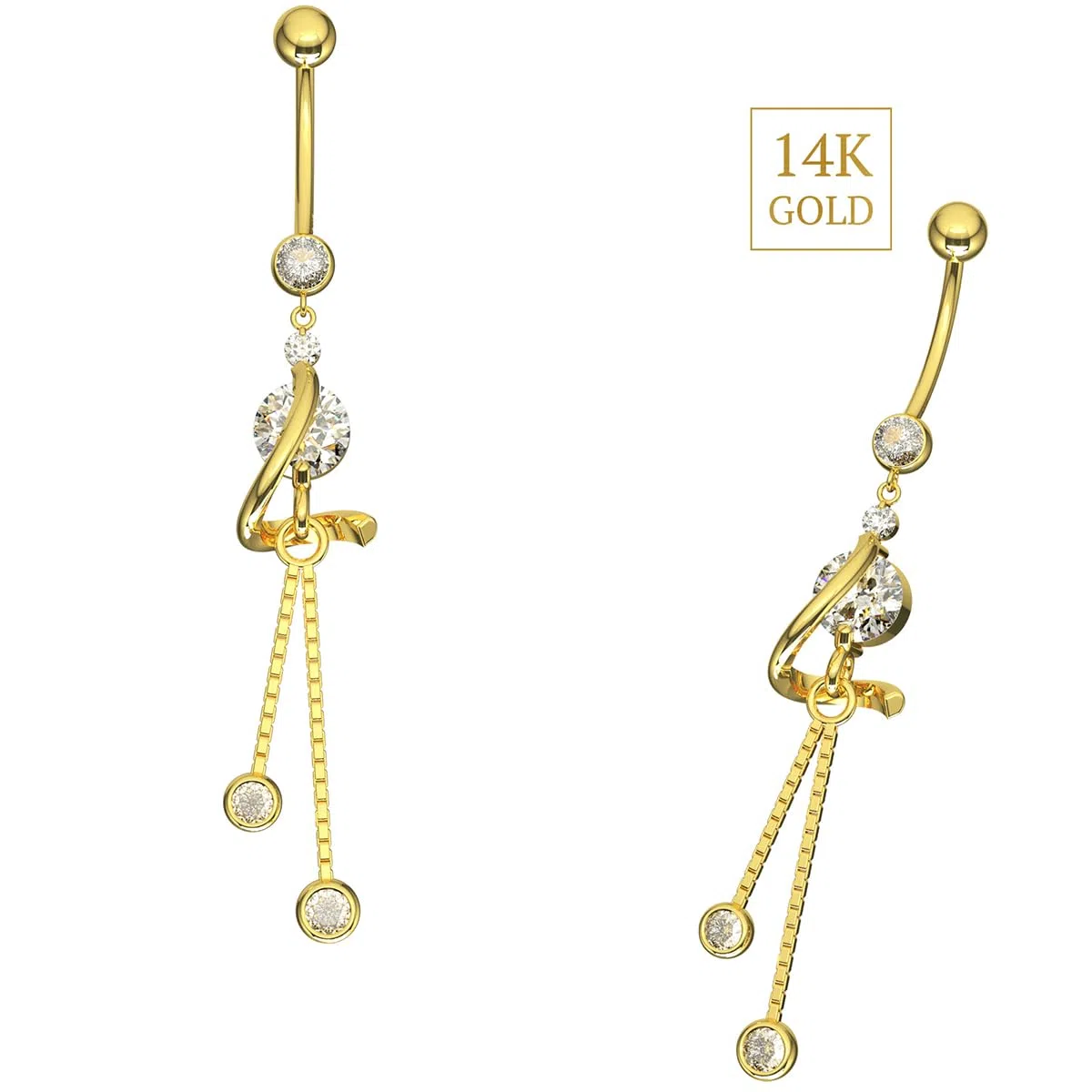 Piercing para el ombligo de oro amarillo macizo de 14 quilates con circonita cúbica y cadena italiana, joyería para ombligo de 14 quilates, calibre 14, 14 Gauge - 14mm Length, Circonia