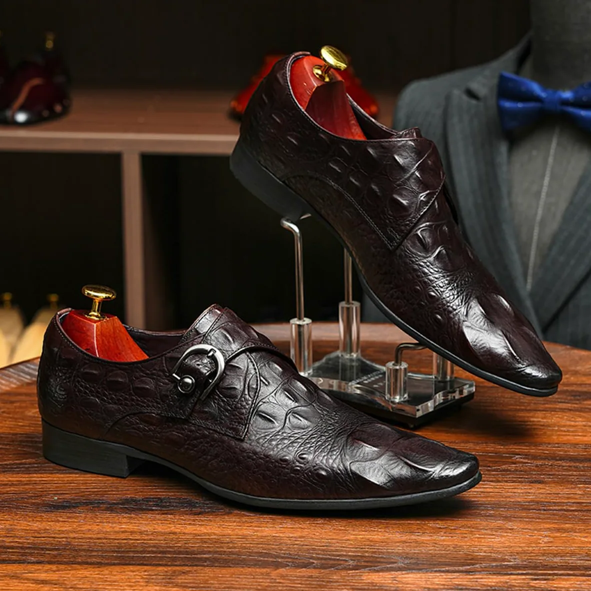Mocasines Formales Negocios para Hombres Zapatos Monk Relieve en Punta en Cuero Genuino Zapatos de Vestir Slip On con Hebilla
